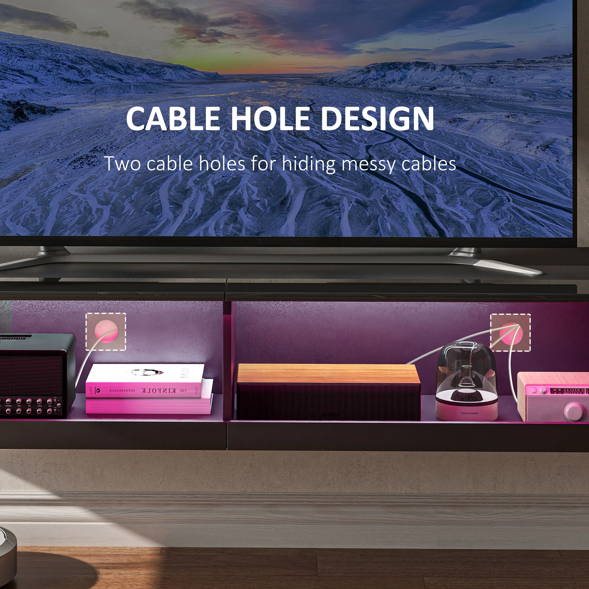 HOMCOM High Gloss TV Stand Unit Wall Mounted With LED Lights, Black - Image 7