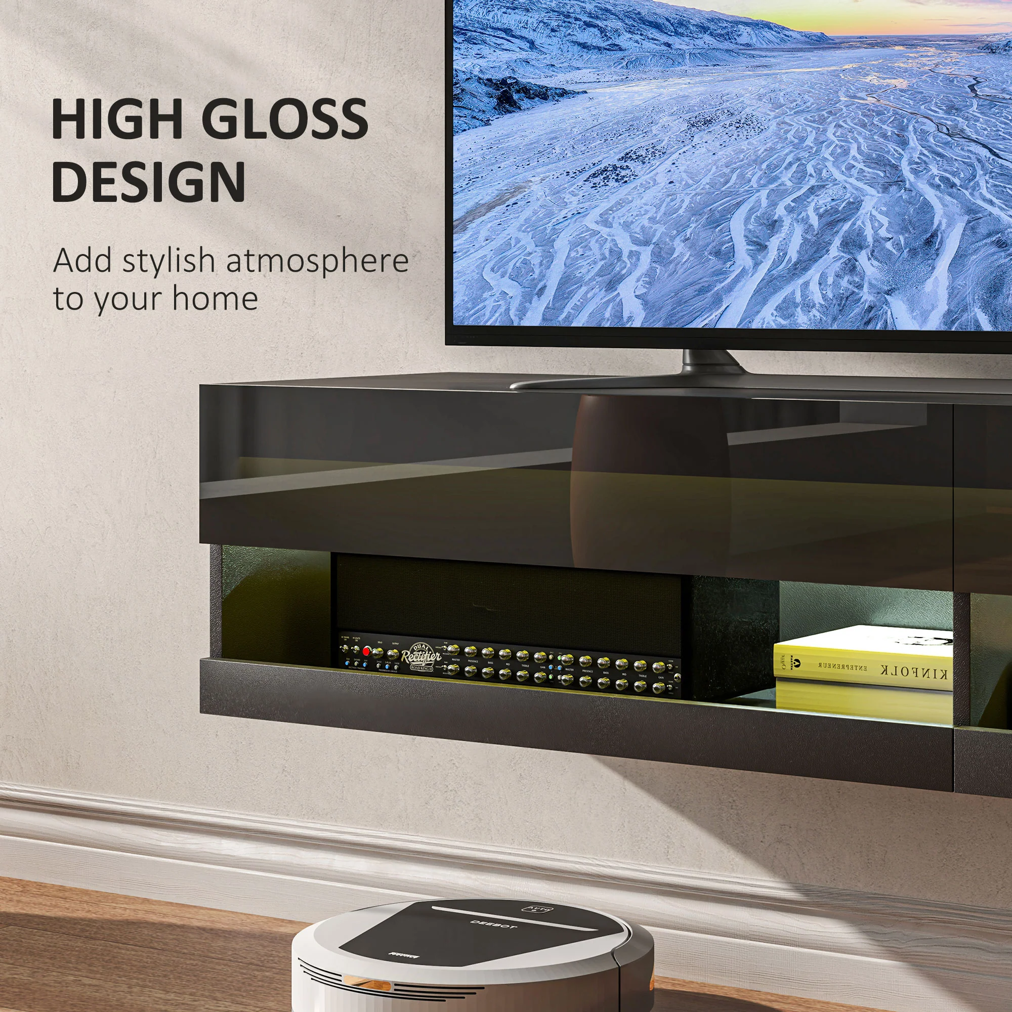 HOMCOM High Gloss TV Stand Unit Wall Mounted With LED Lights, Black - Image 8