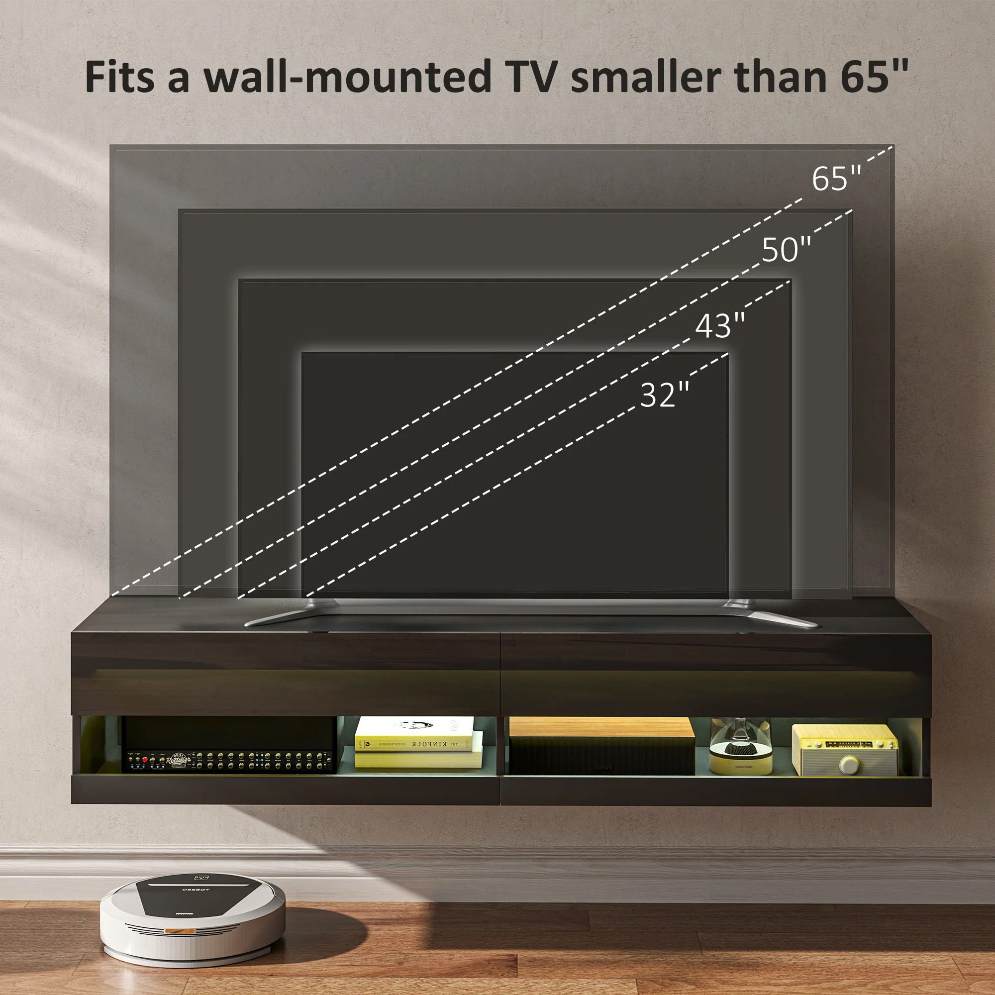 HOMCOM High Gloss TV Stand Unit Wall Mounted With LED Lights, Black - Image 9