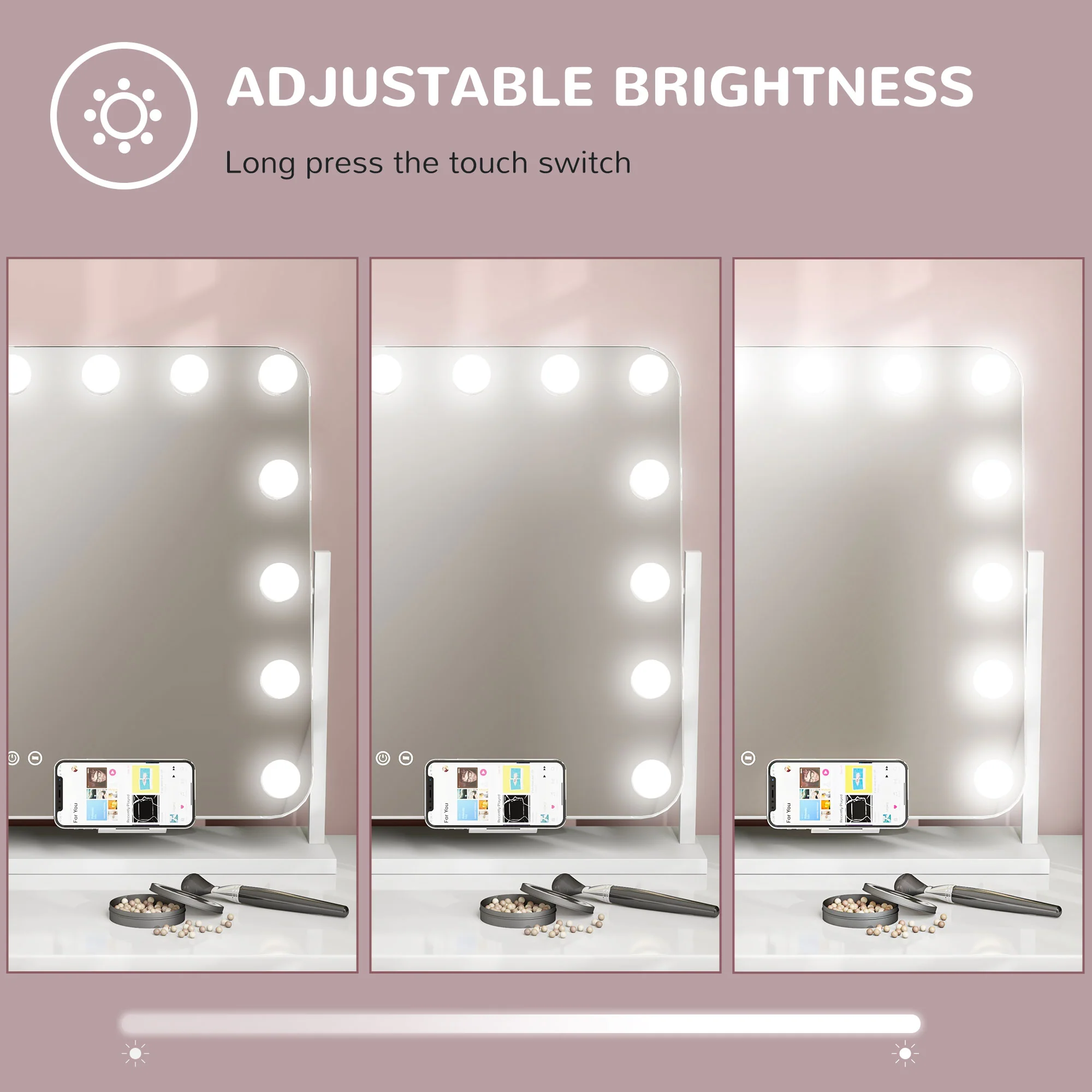 HOMCOM Hollywood Dimmable Lighted Makeup Mirror With Magnifier, USB Port - Image 7