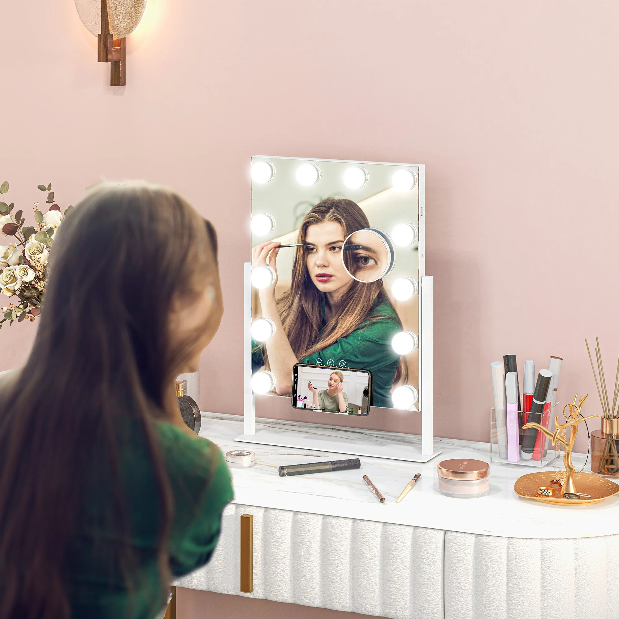 HOMCOM Hollywood Lighted Makeup Mirror With Magnifier, USB Port, Phone Holder - Image 2