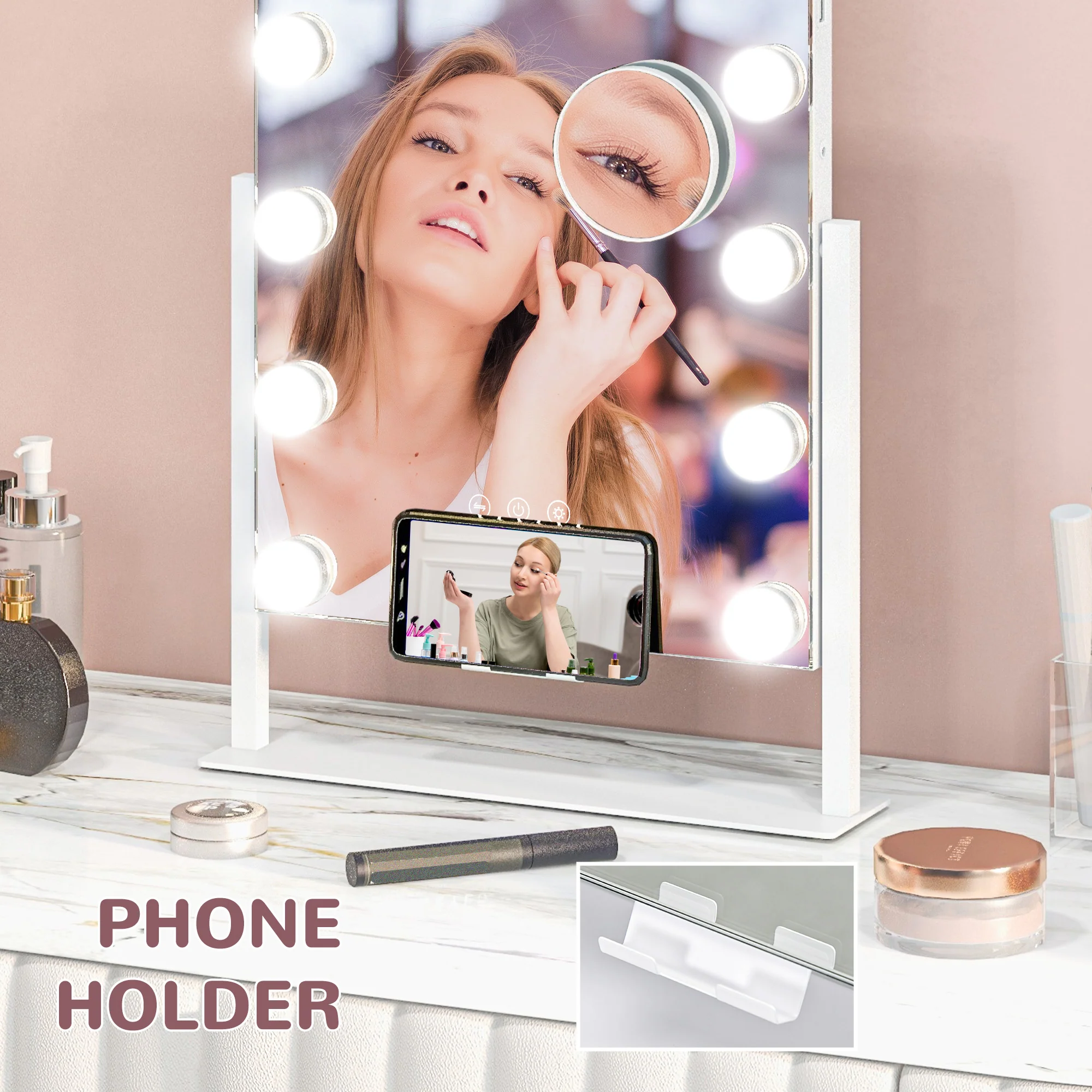 HOMCOM Hollywood Lighted Makeup Mirror With Magnifier, USB Port, Phone Holder - Image 3