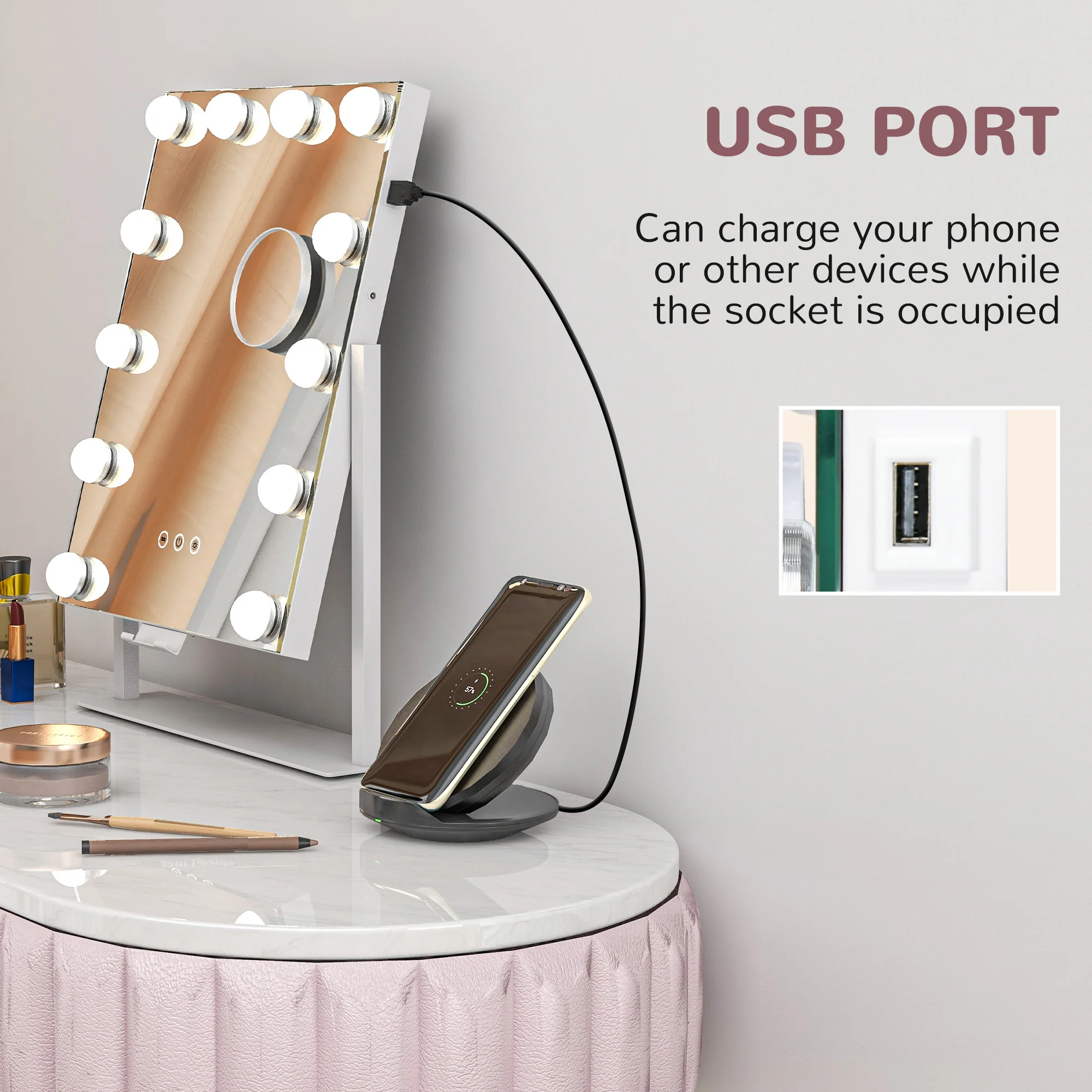 HOMCOM Hollywood Lighted Makeup Mirror With Magnifier, USB Port, Phone Holder - Image 4