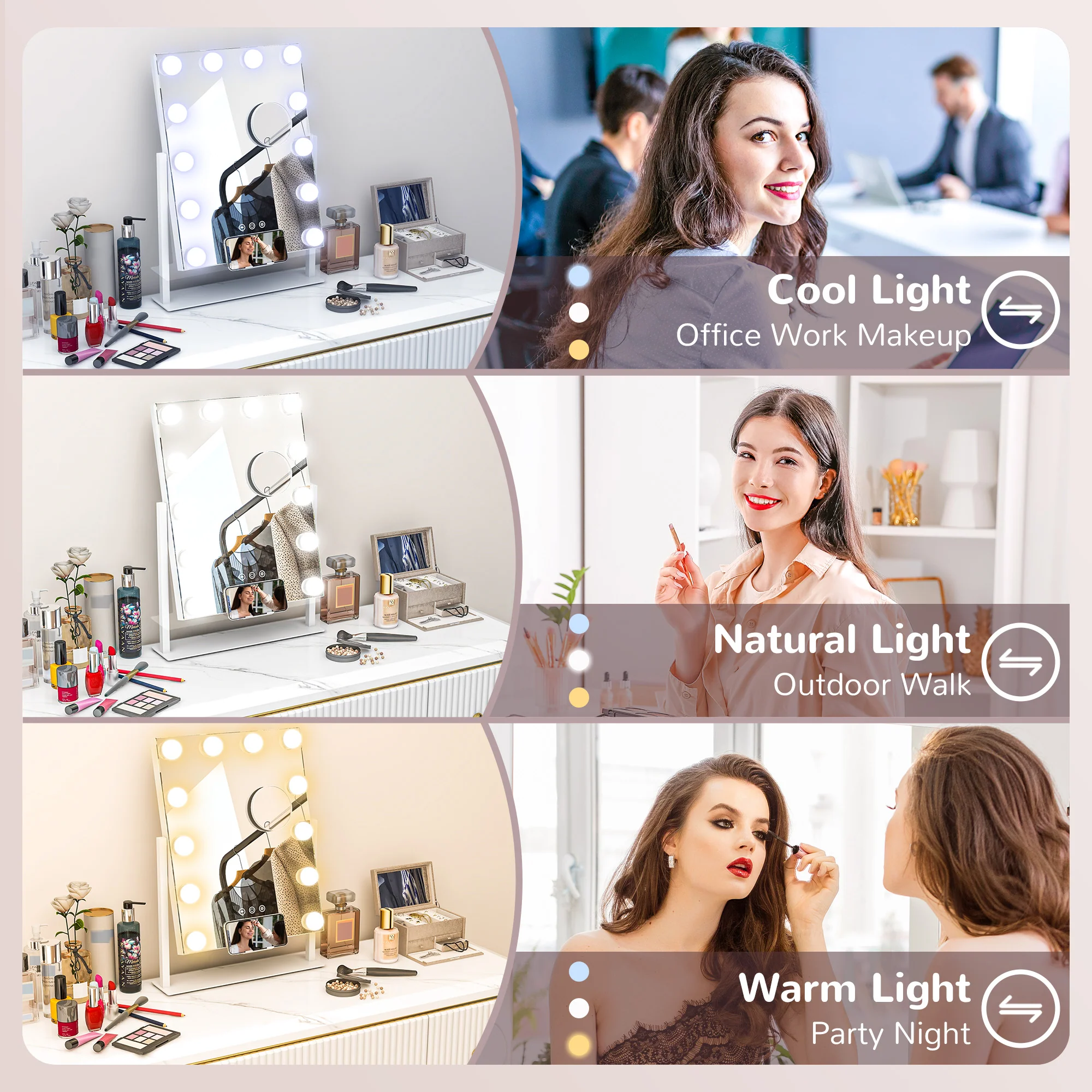 HOMCOM Hollywood Lighted Makeup Mirror With Magnifier, USB Port, Phone Holder - Image 6