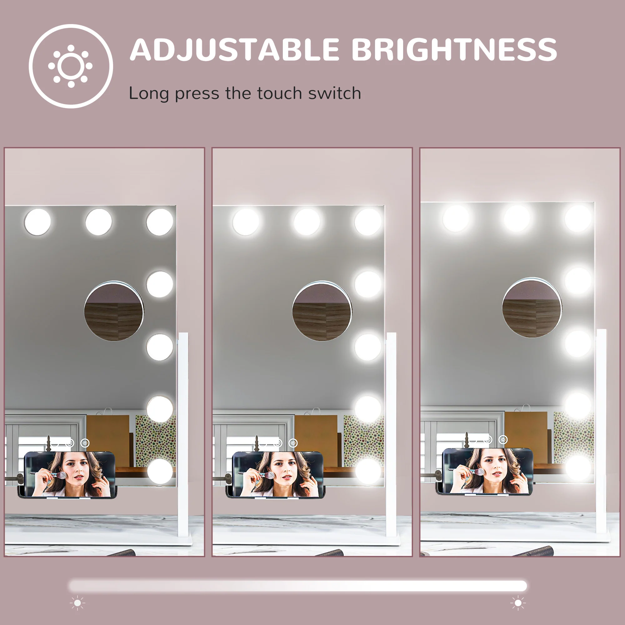 HOMCOM Hollywood Lighted Makeup Mirror With Magnifier, USB Port, Phone Holder - Image 7