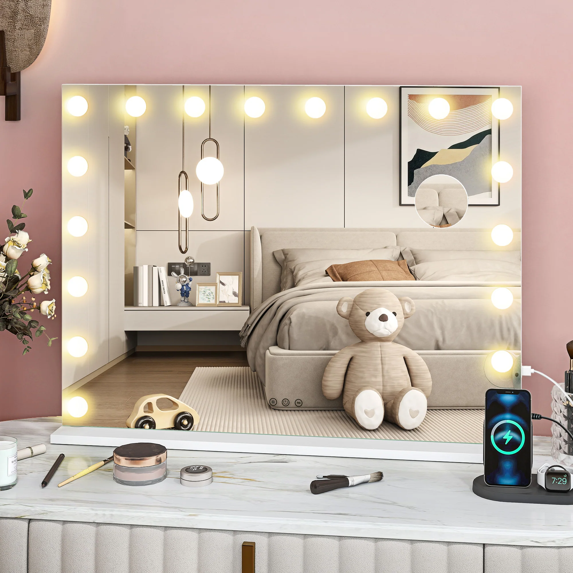 HOMCOM Hollywood Vanity Mirror with Lights, 10X Magnifying, USB Port, White