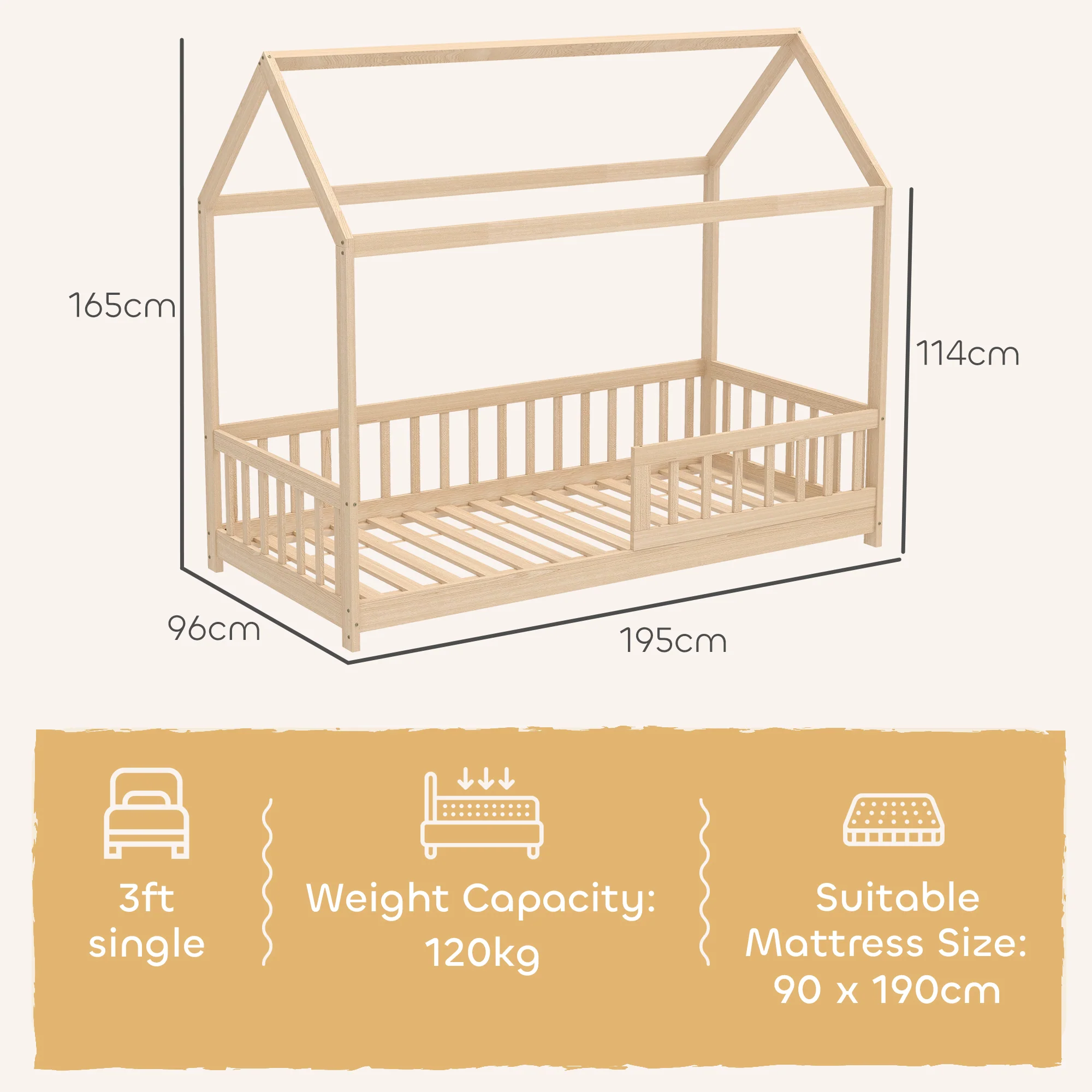 HOMCOM House-Shaped Kids Bed Frame Solid Pine Wood with Guard Rails, Natural - Image 5