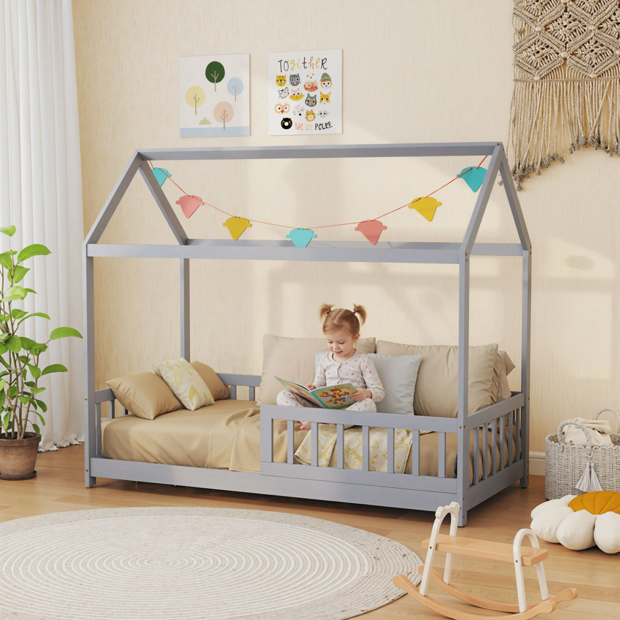 HOMCOM House-Shaped Kids Bed Frame with Guard Rails for Boys Girls, Grey