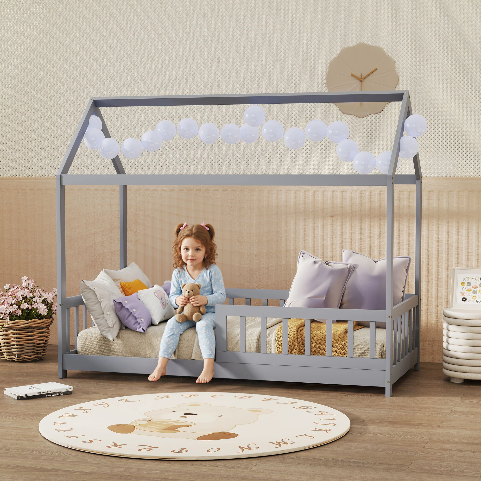 HOMCOM House-Shaped Kids Bed Frame with Guard Rails for Boys Girls, Grey - Image 2