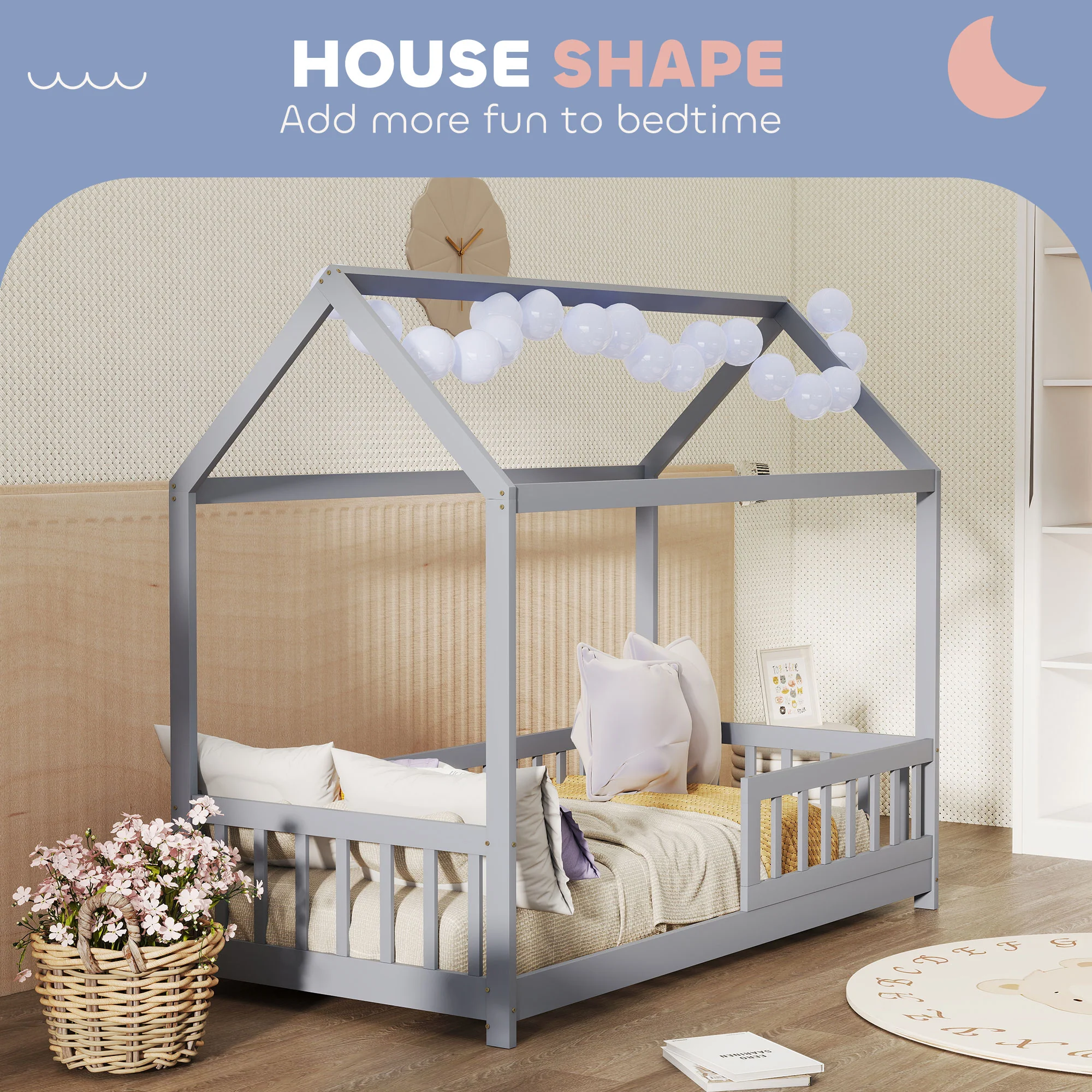 HOMCOM House-Shaped Kids Bed Frame with Guard Rails for Boys Girls, Grey - Image 3