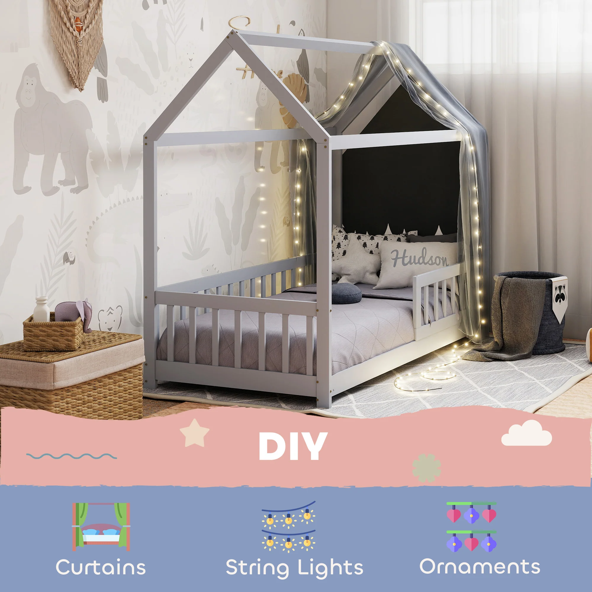HOMCOM House-Shaped Kids Bed Frame with Guard Rails for Boys Girls, Grey - Image 4
