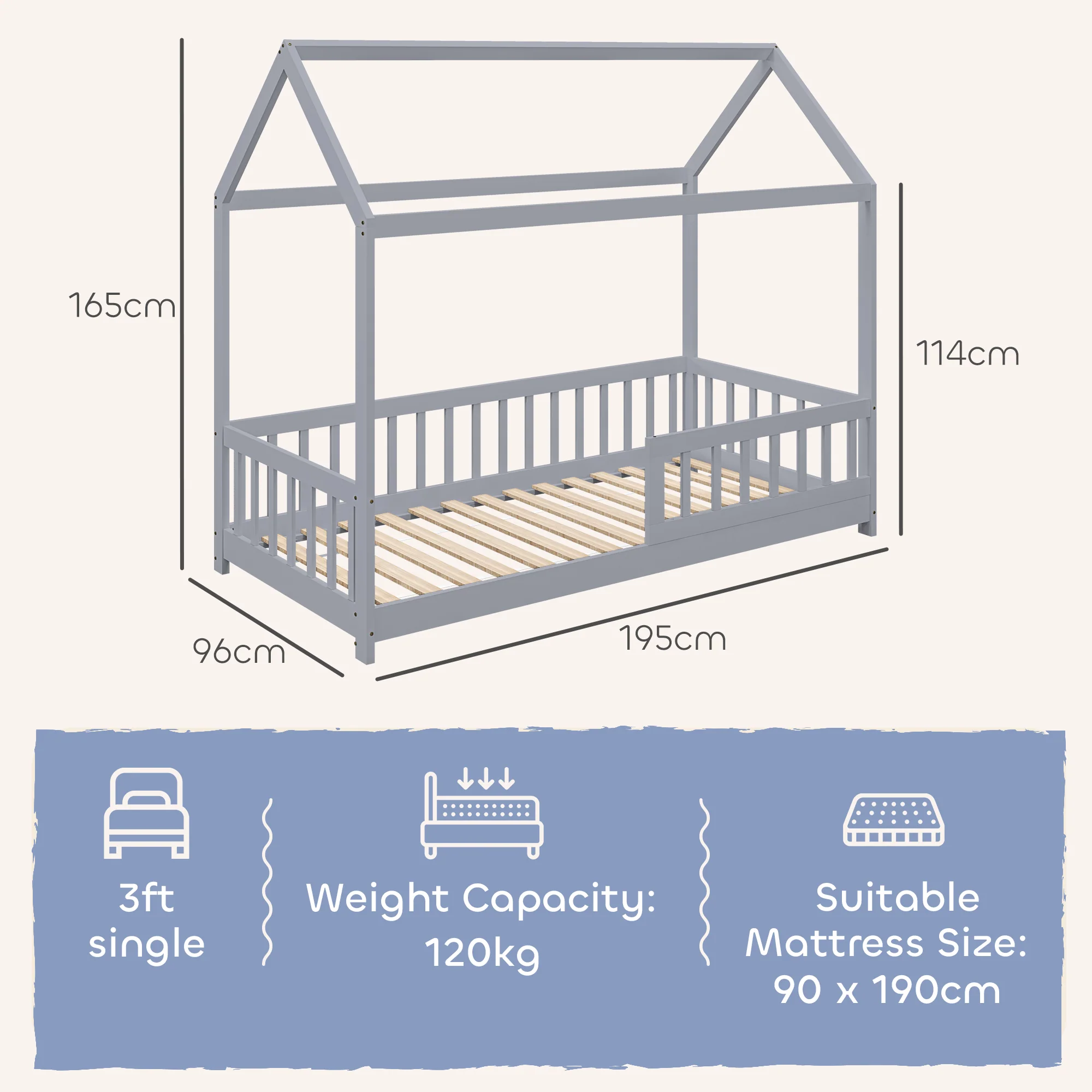 HOMCOM House-Shaped Kids Bed Frame with Guard Rails for Boys Girls, Grey - Image 5