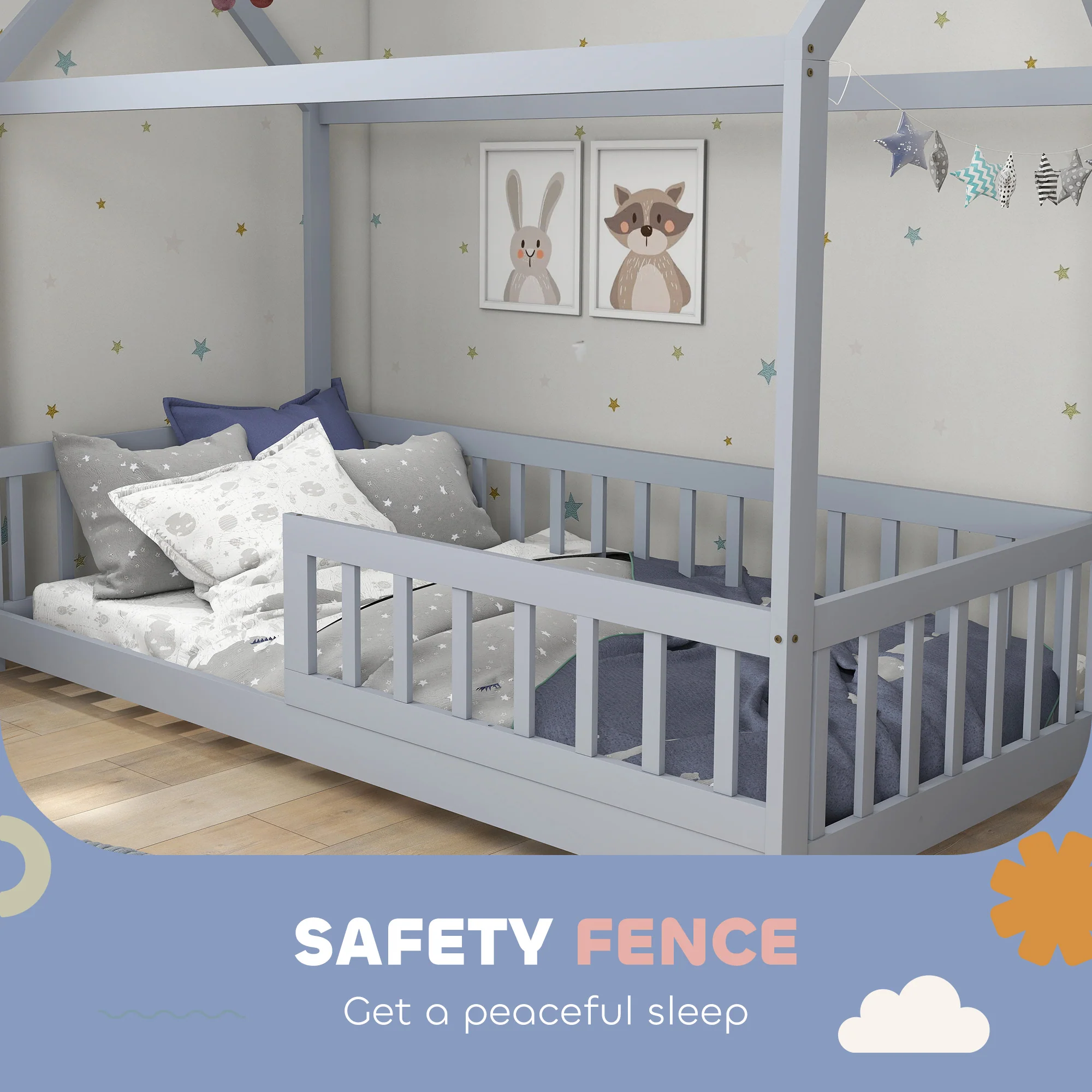 HOMCOM House-Shaped Kids Bed Frame with Guard Rails for Boys Girls, Grey - Image 6