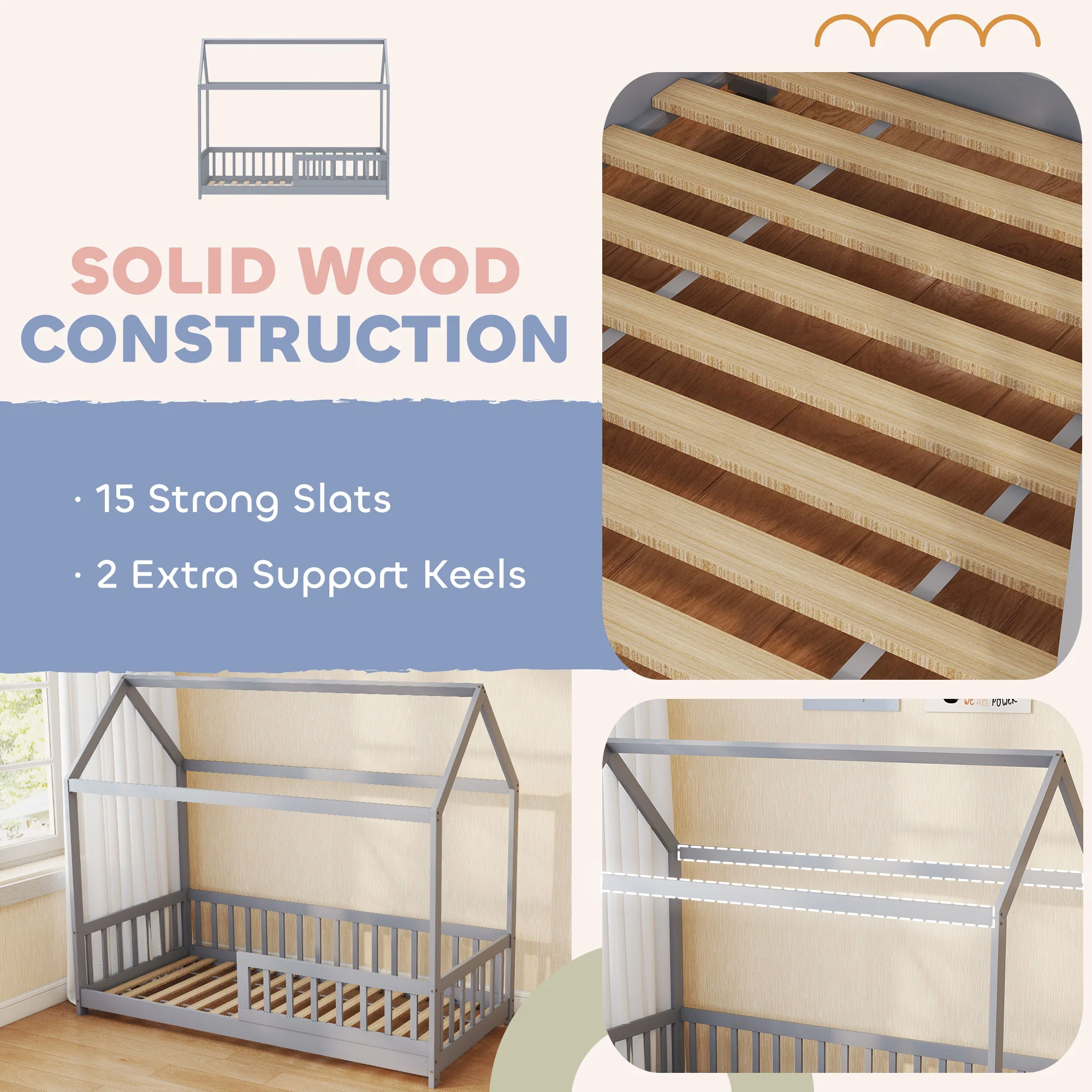 HOMCOM House-Shaped Kids Bed Frame with Guard Rails for Boys Girls, Grey - Image 7