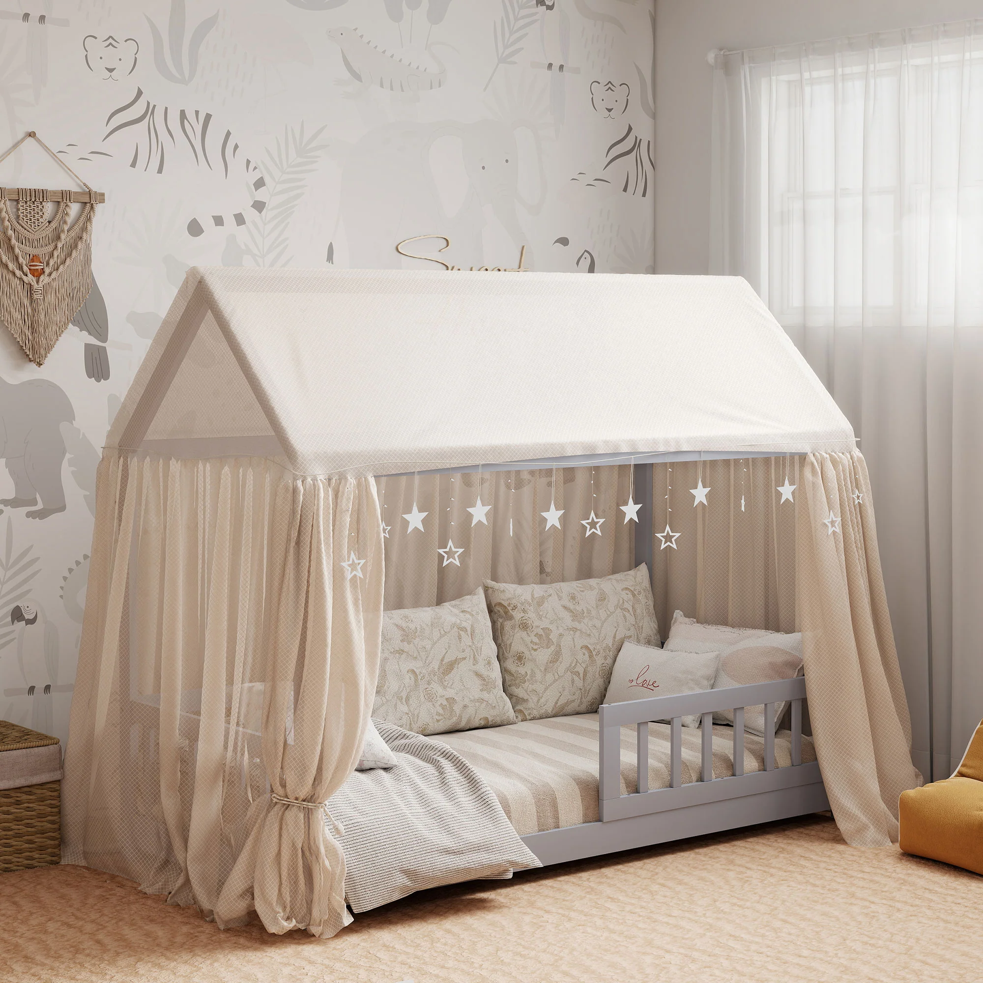 HOMCOM House-Shaped Kids Bed Frame with Guard Rails for Boys Girls, Grey - Image 8