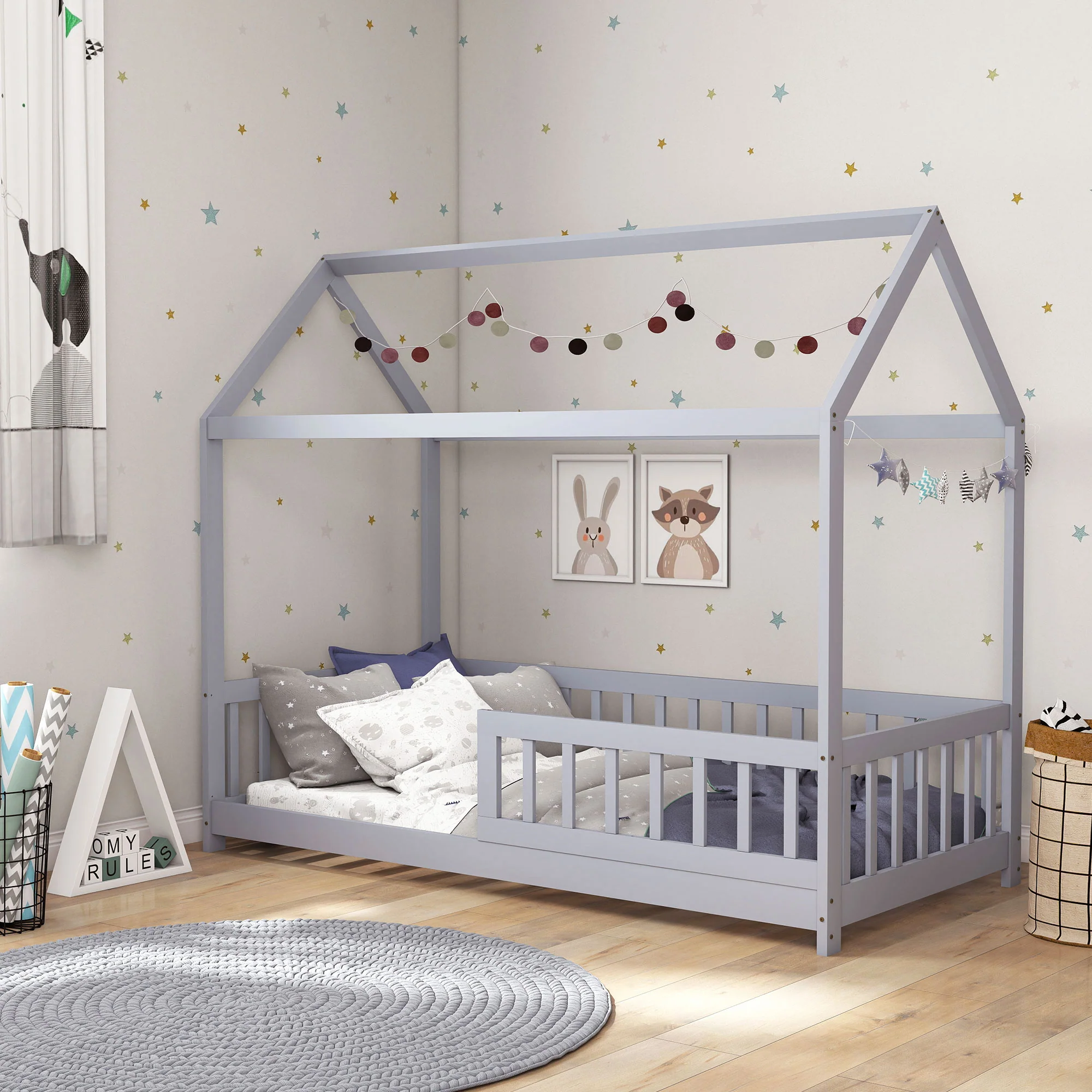 HOMCOM House-Shaped Kids Bed Frame with Guard Rails for Boys Girls, Grey - Image 9
