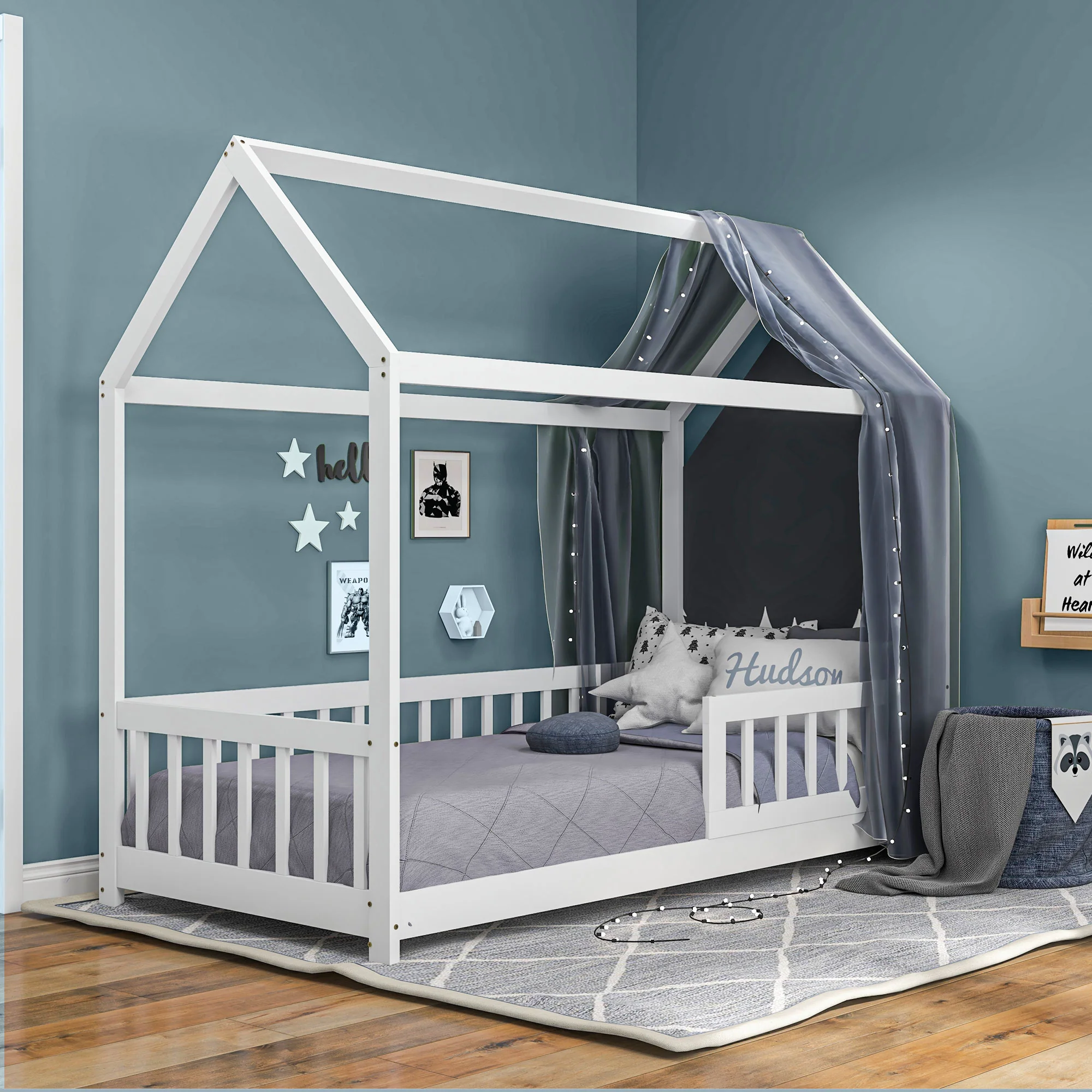 HOMCOM House-Shaped Kids Bed Frame with Safety Fence for Boys Girls, White - Image 8