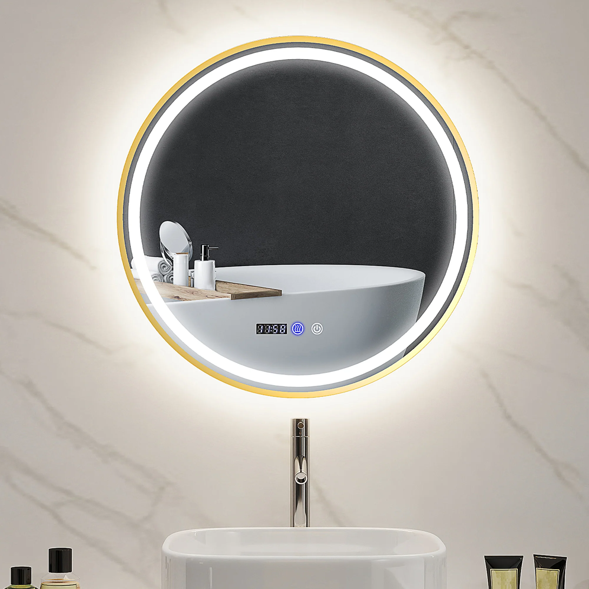 HOMCOM Illuminated Bathroom LED Mirror Round Wall Mounted Mirror Gold
