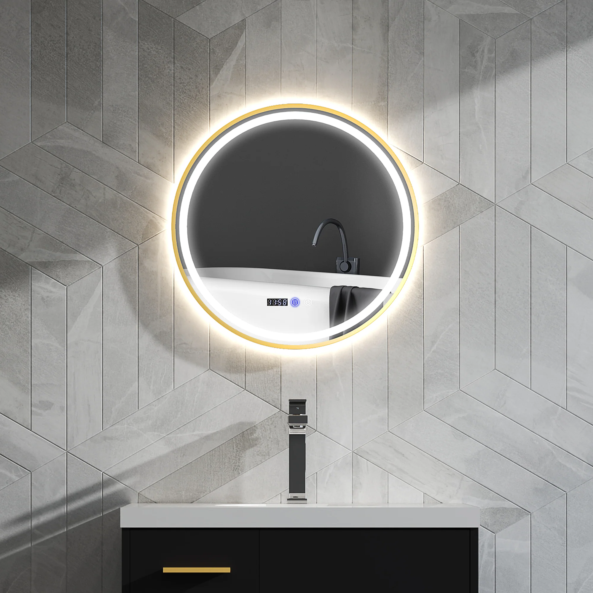 HOMCOM Illuminated Bathroom LED Mirror Round Wall Mounted Mirror Gold - Image 2