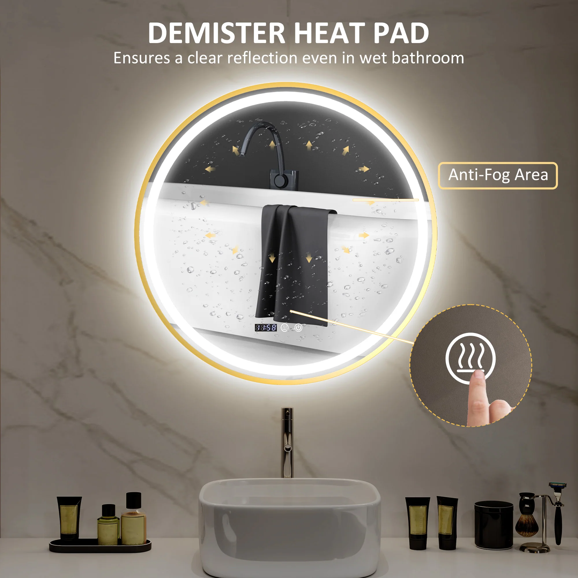 HOMCOM Illuminated Bathroom LED Mirror Round Wall Mounted Mirror Gold - Image 4