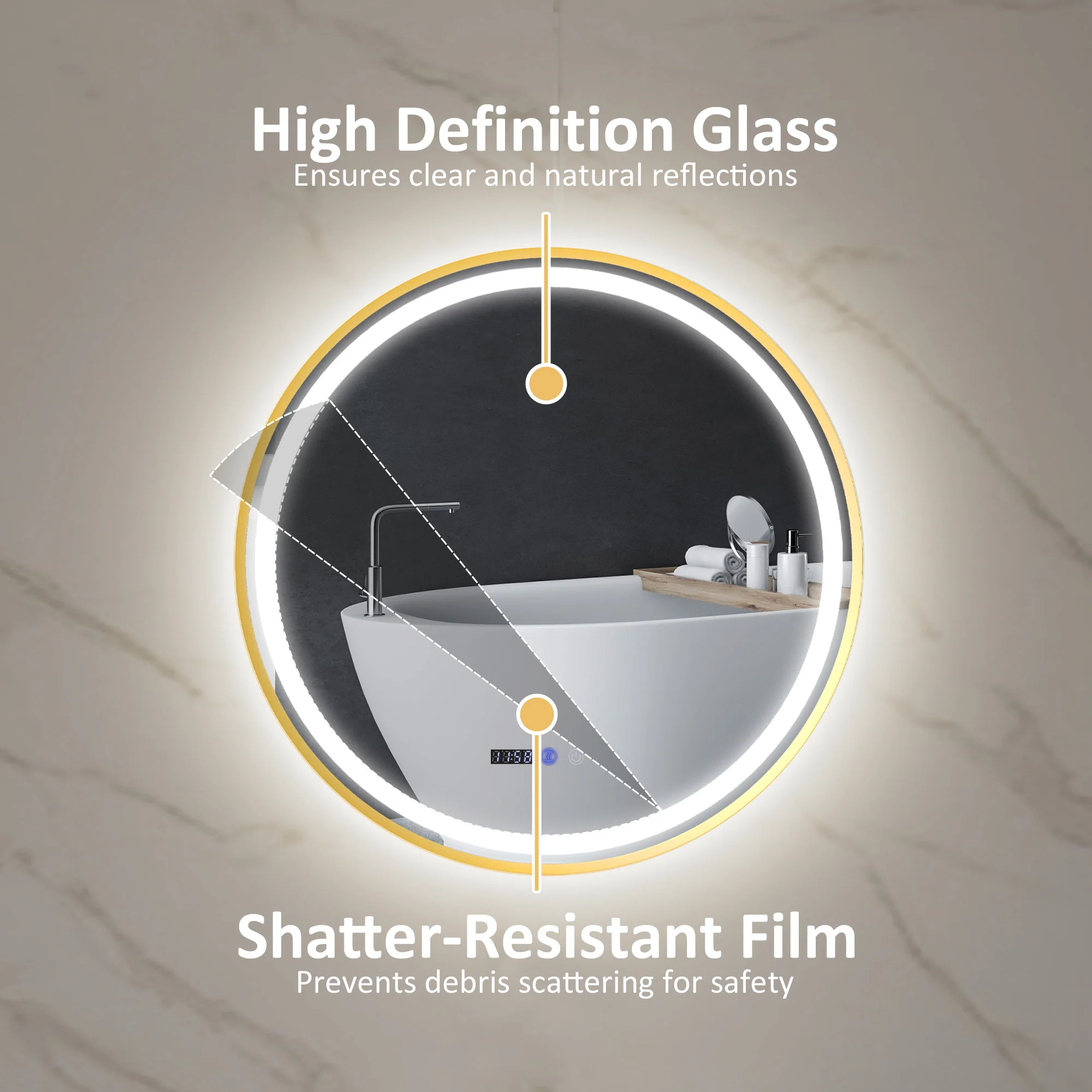 HOMCOM Illuminated Bathroom LED Mirror Round Wall Mounted Mirror Gold - Image 7