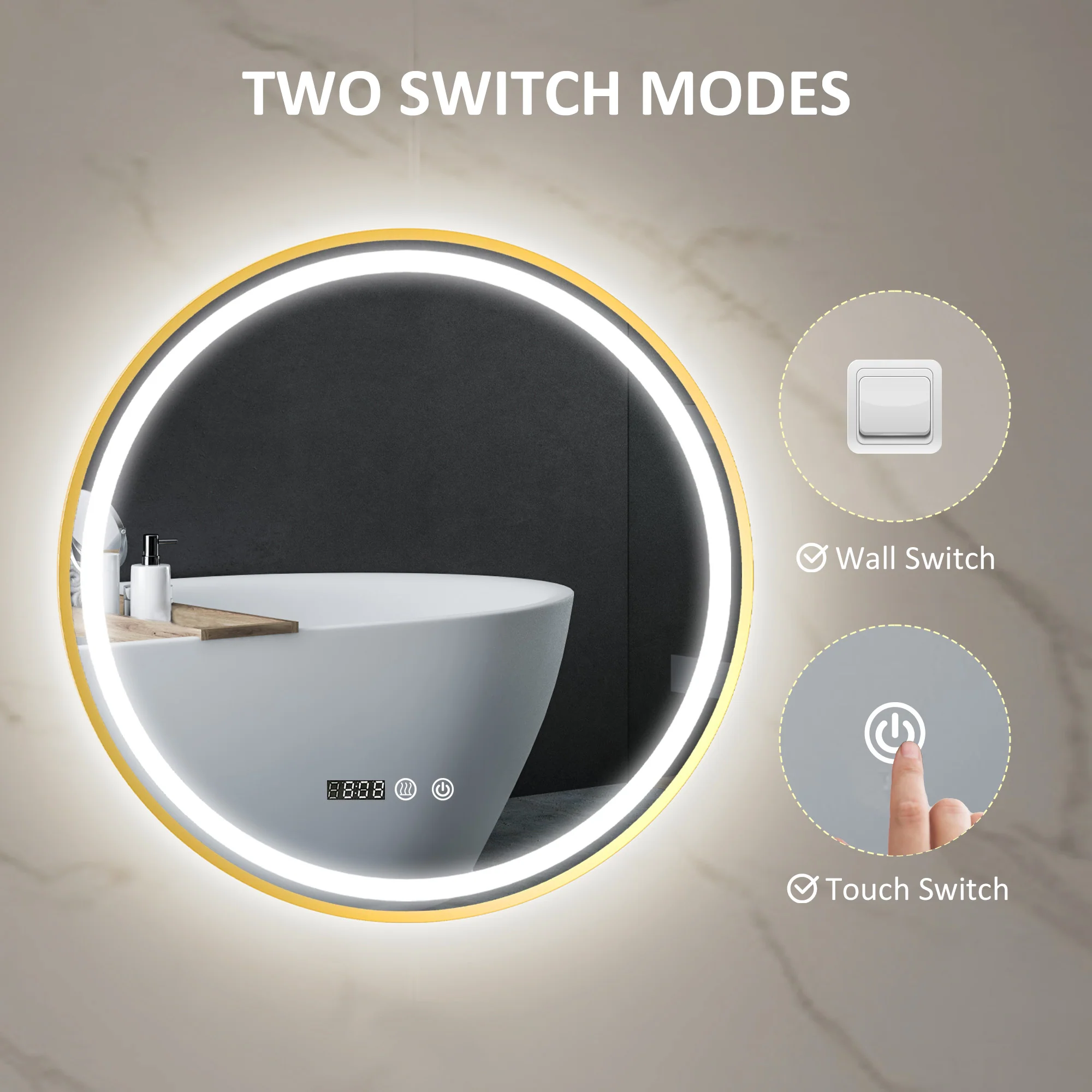 HOMCOM Illuminated Bathroom LED Mirror Round Wall Mounted Mirror Gold - Image 8