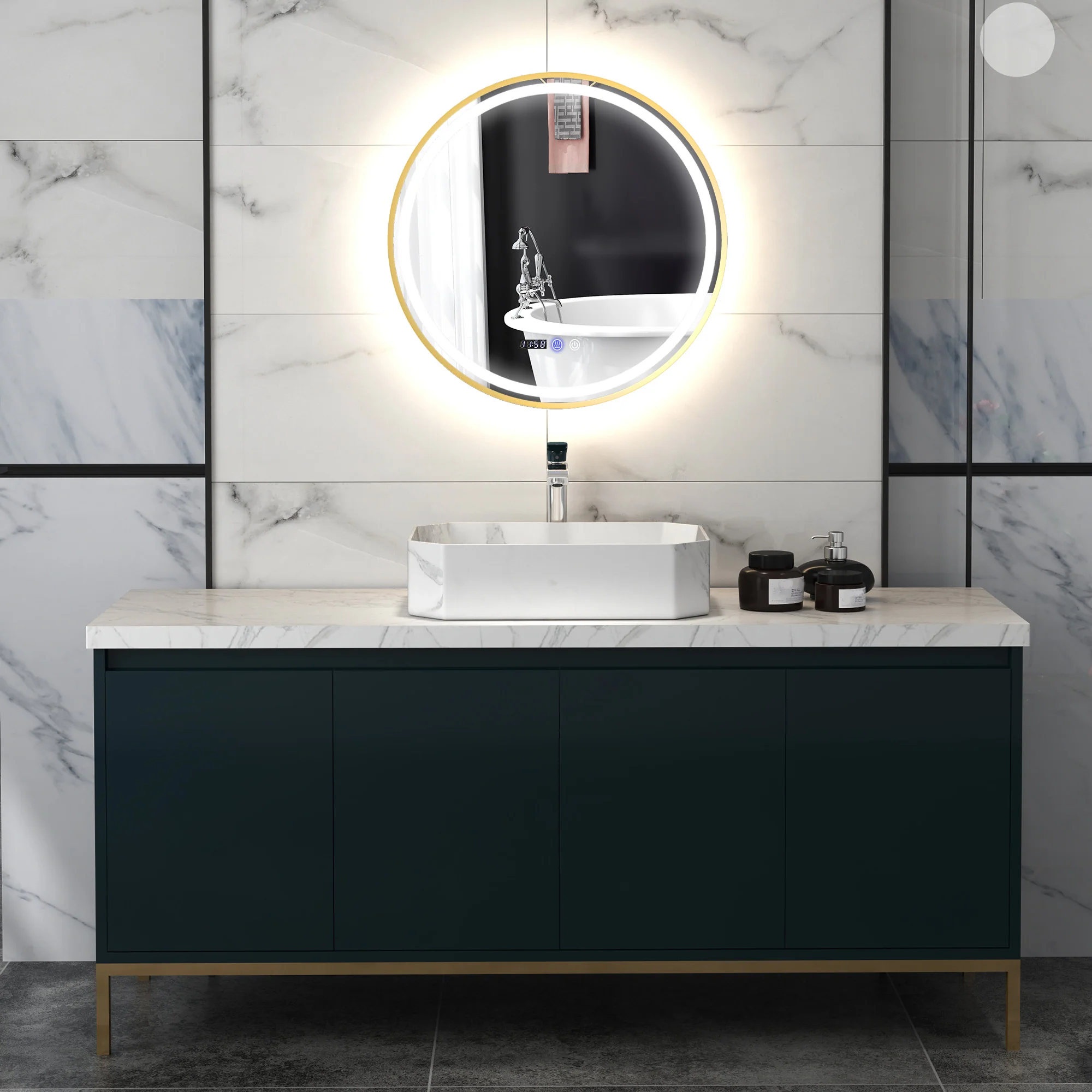 HOMCOM Illuminated Bathroom LED Mirror Round Wall Mounted Mirror Gold - Image 9