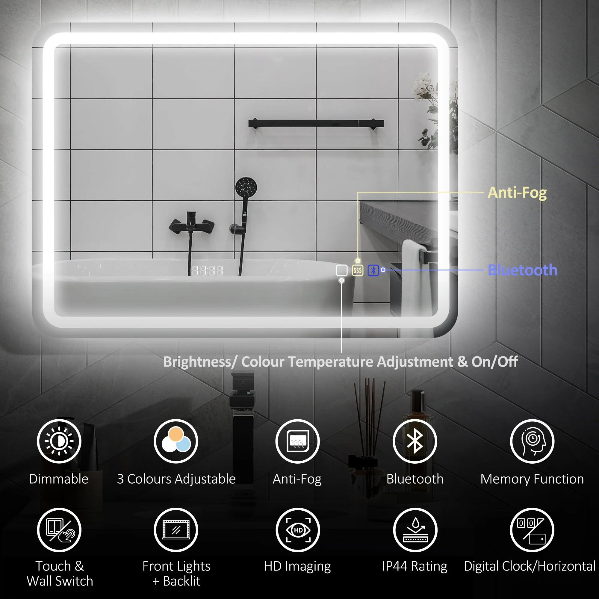HOMCOM Illuminated Bathroom Mirror With Bluetooth Silver - Image 12