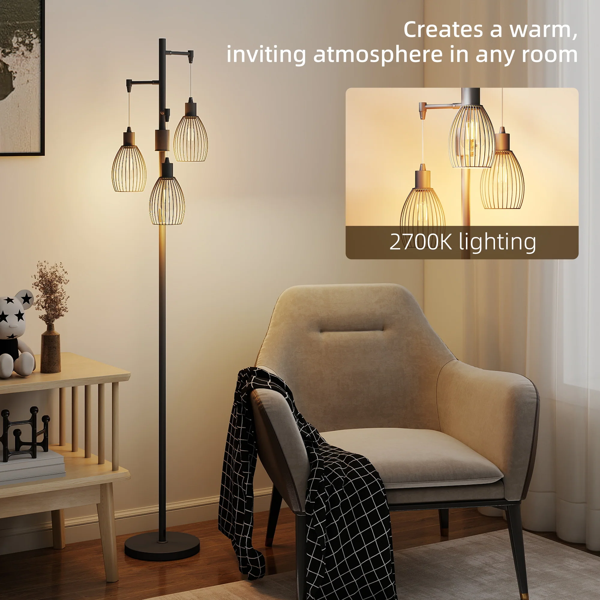 HOMCOM Industrial 3-Light Floor Lamp Dimmable LED Standing Lamp, Black - Image 4