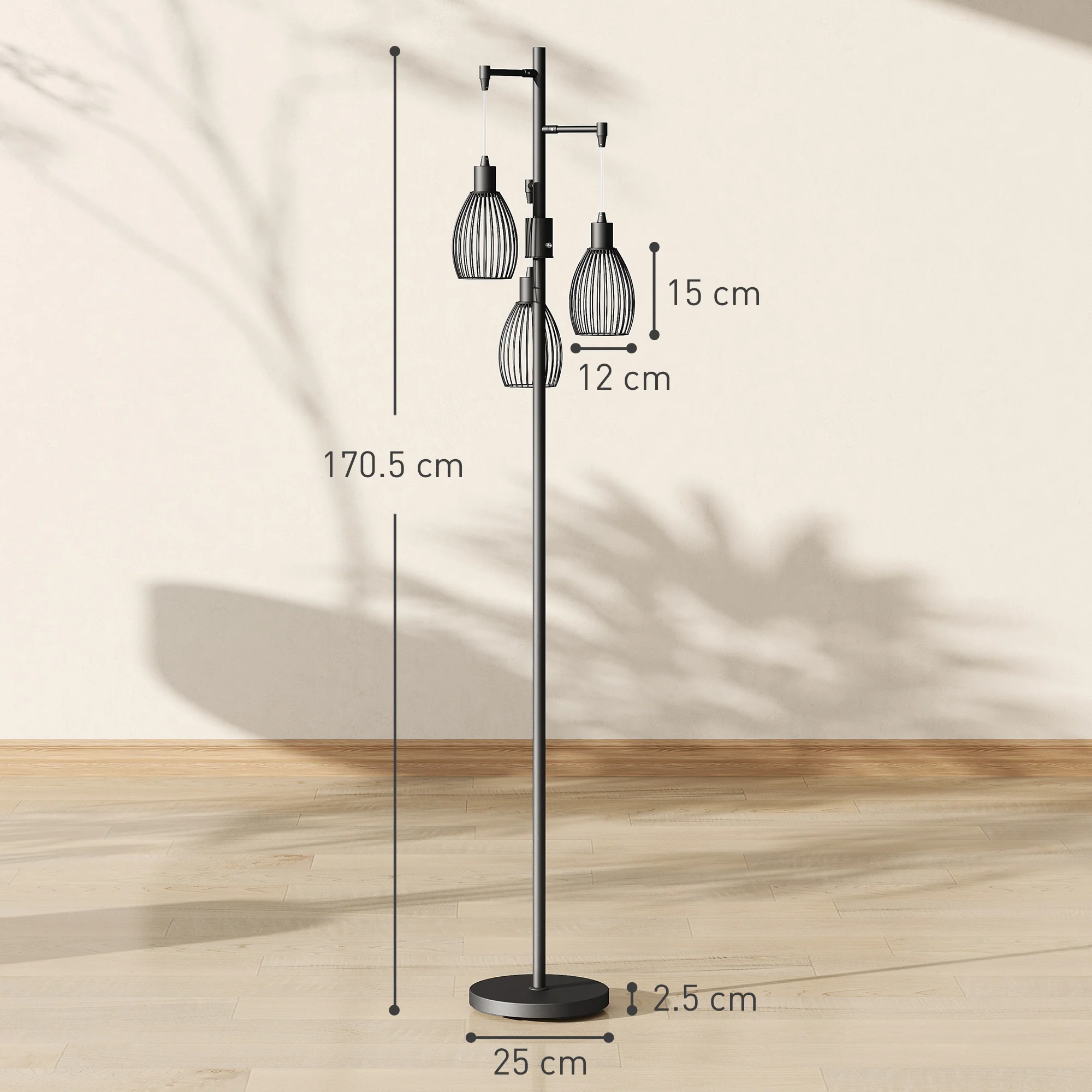 HOMCOM Industrial 3-Light Floor Lamp Dimmable LED Standing Lamp, Black - Image 5