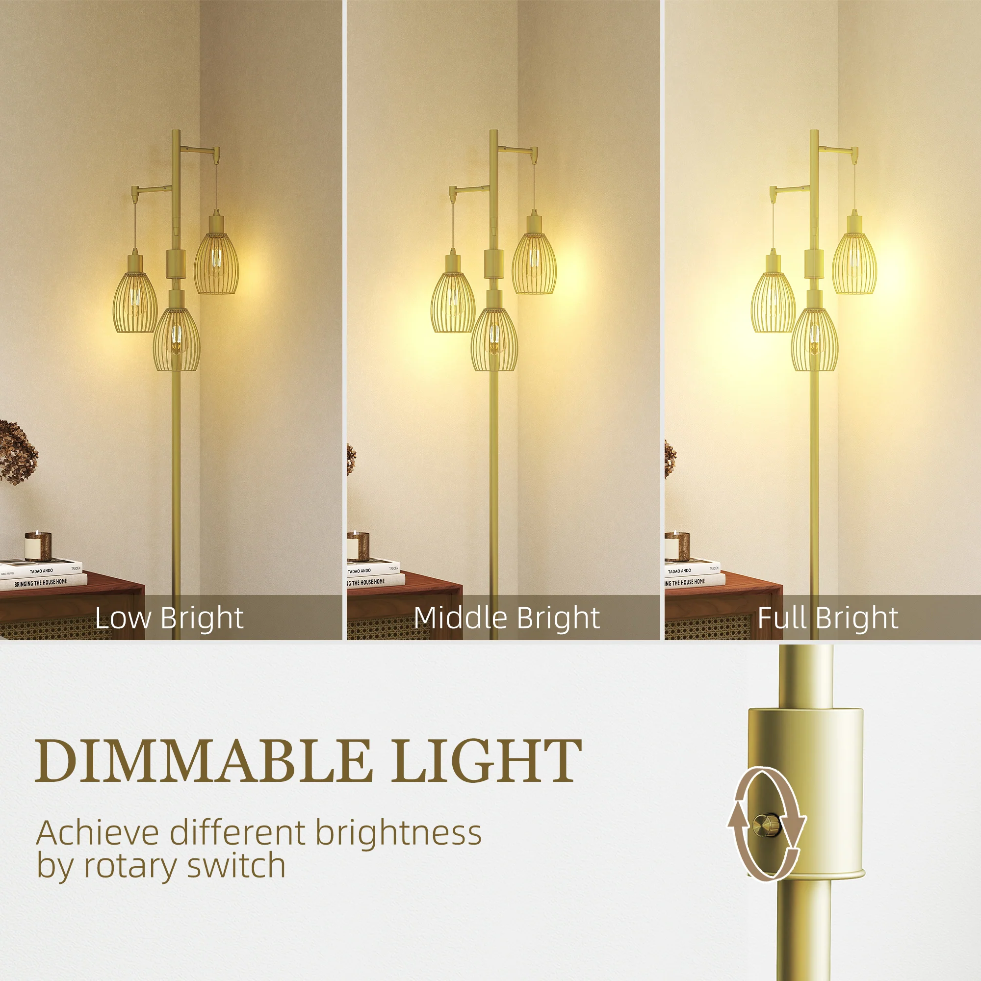 HOMCOM Industrial 3-Light Floor Lamp Dimmable Standing Lamp - Image 3