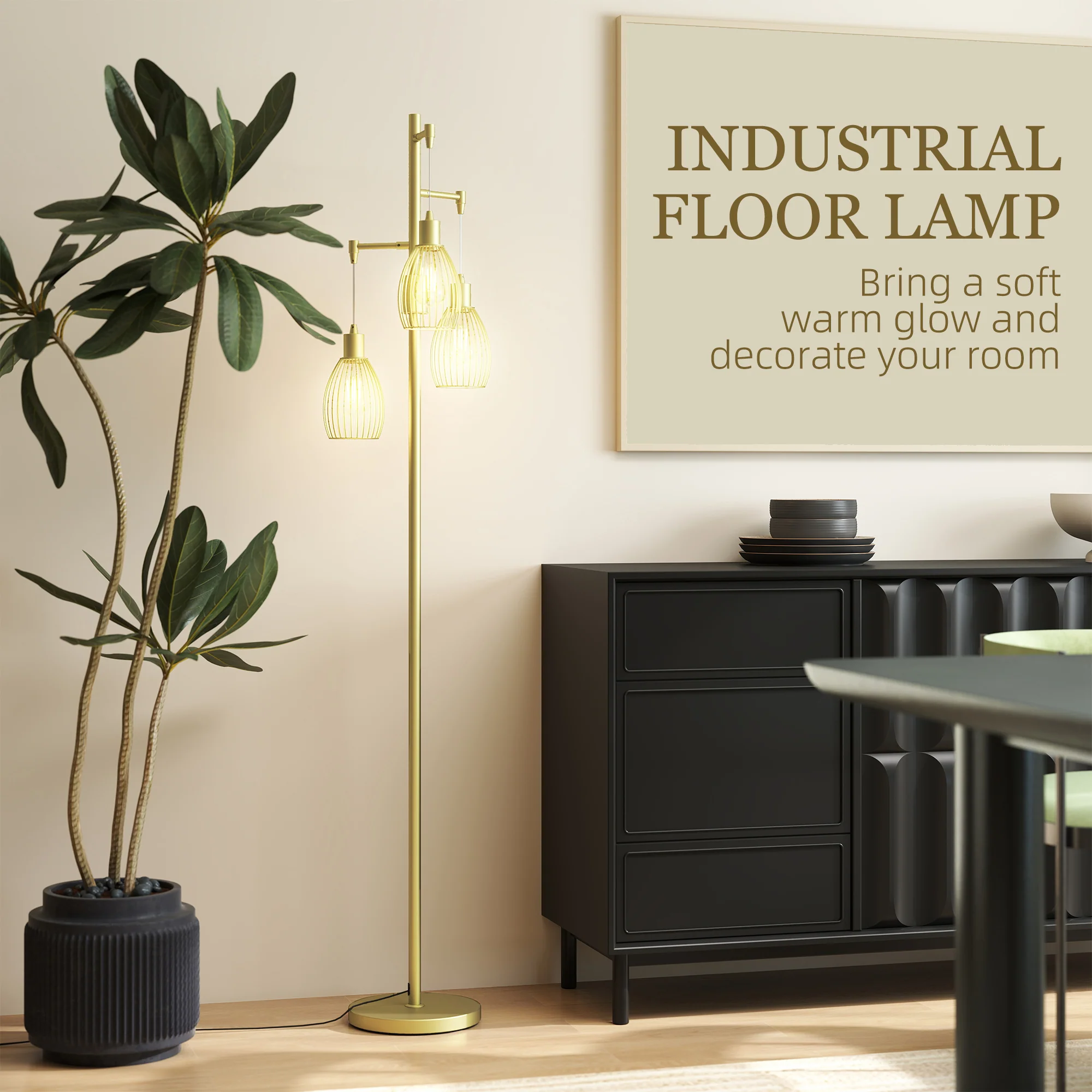 HOMCOM Industrial 3-Light Floor Lamp Dimmable Standing Lamp - Image 4