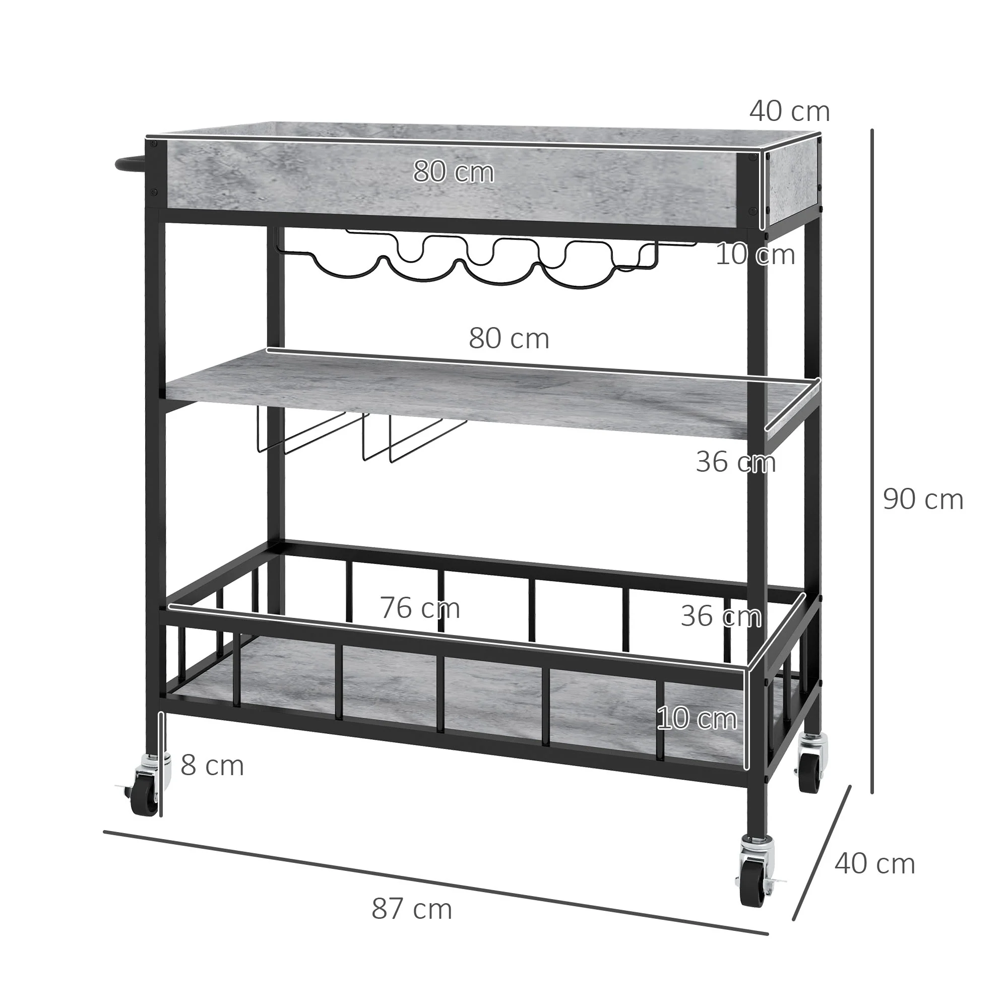 HOMCOM Industrial Bar Cart, 3-Tier Kitchen Trolley on Wheels with Wine Rack - Image 5
