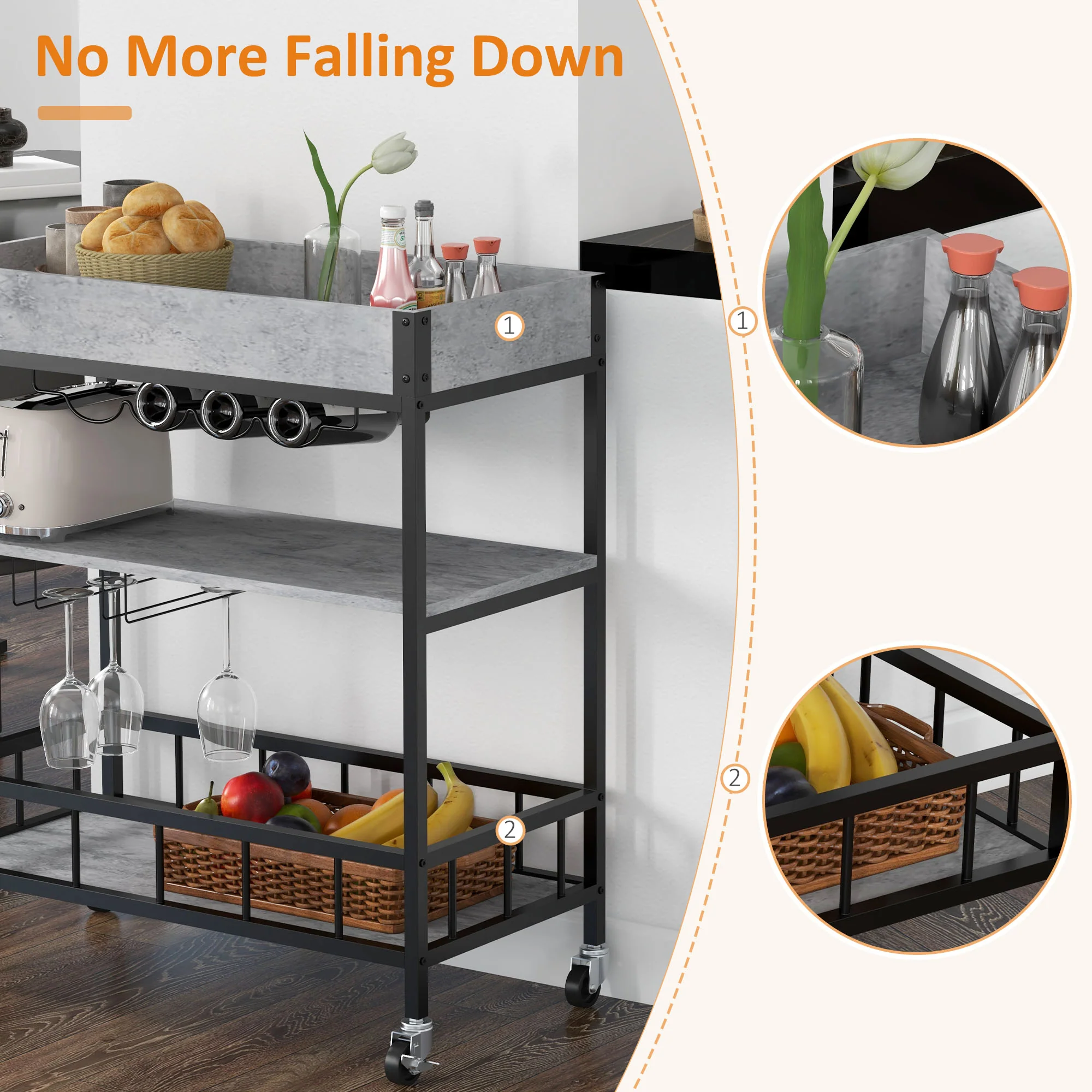 HOMCOM Industrial Bar Cart, 3-Tier Kitchen Trolley on Wheels with Wine Rack - Image 7