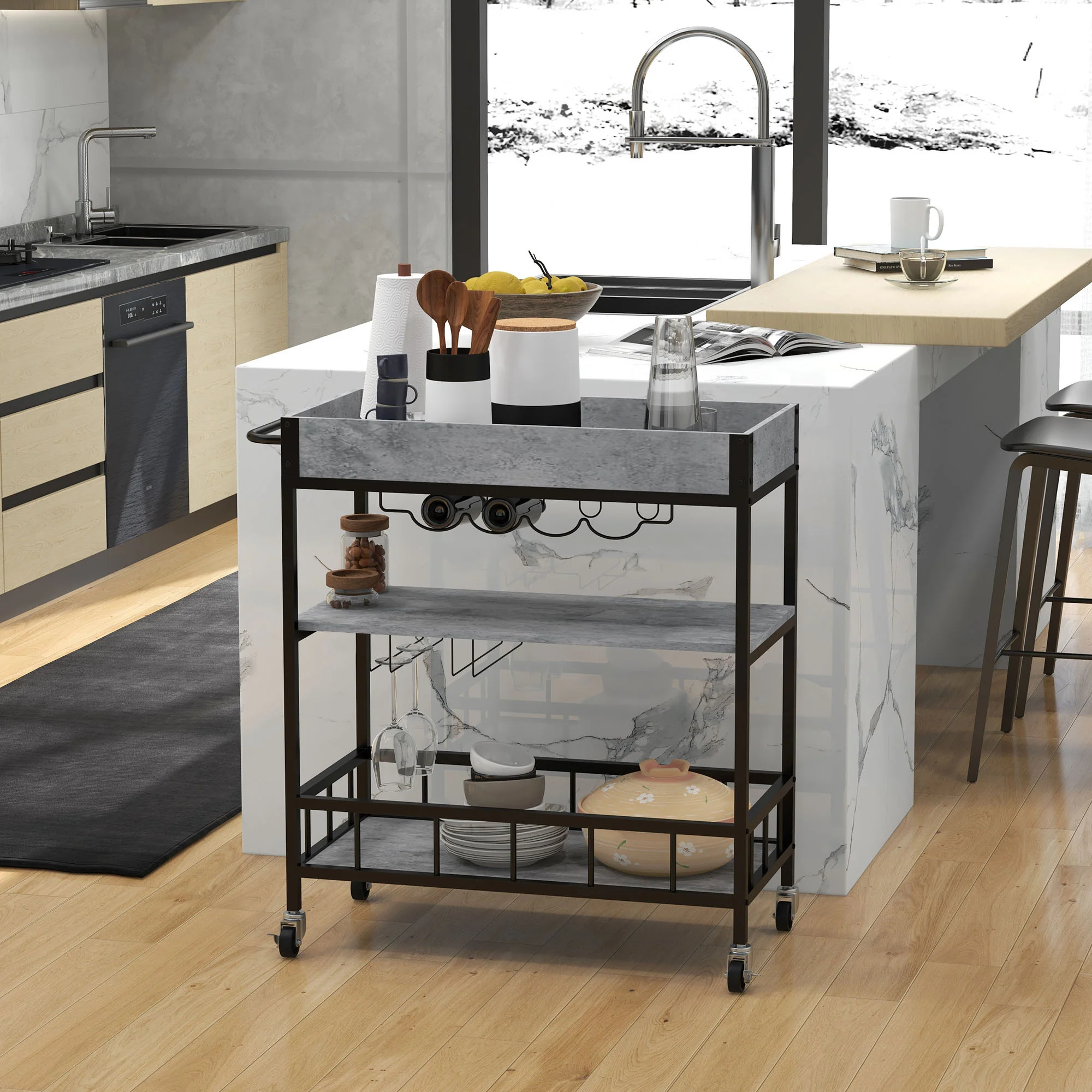 HOMCOM Industrial Bar Cart, 3-Tier Kitchen Trolley on Wheels with Wine Rack - Image 2