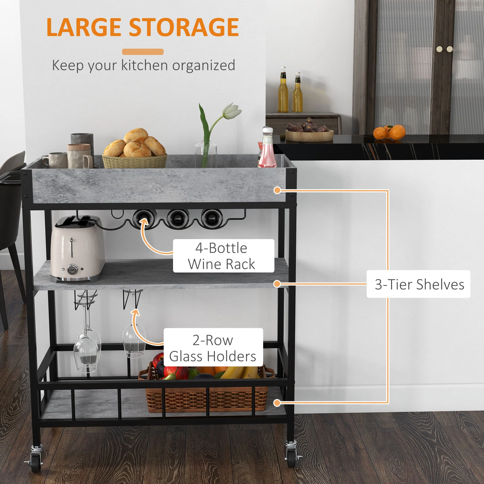 HOMCOM Industrial Bar Cart, 3-Tier Kitchen Trolley on Wheels with Wine Rack - Image 3