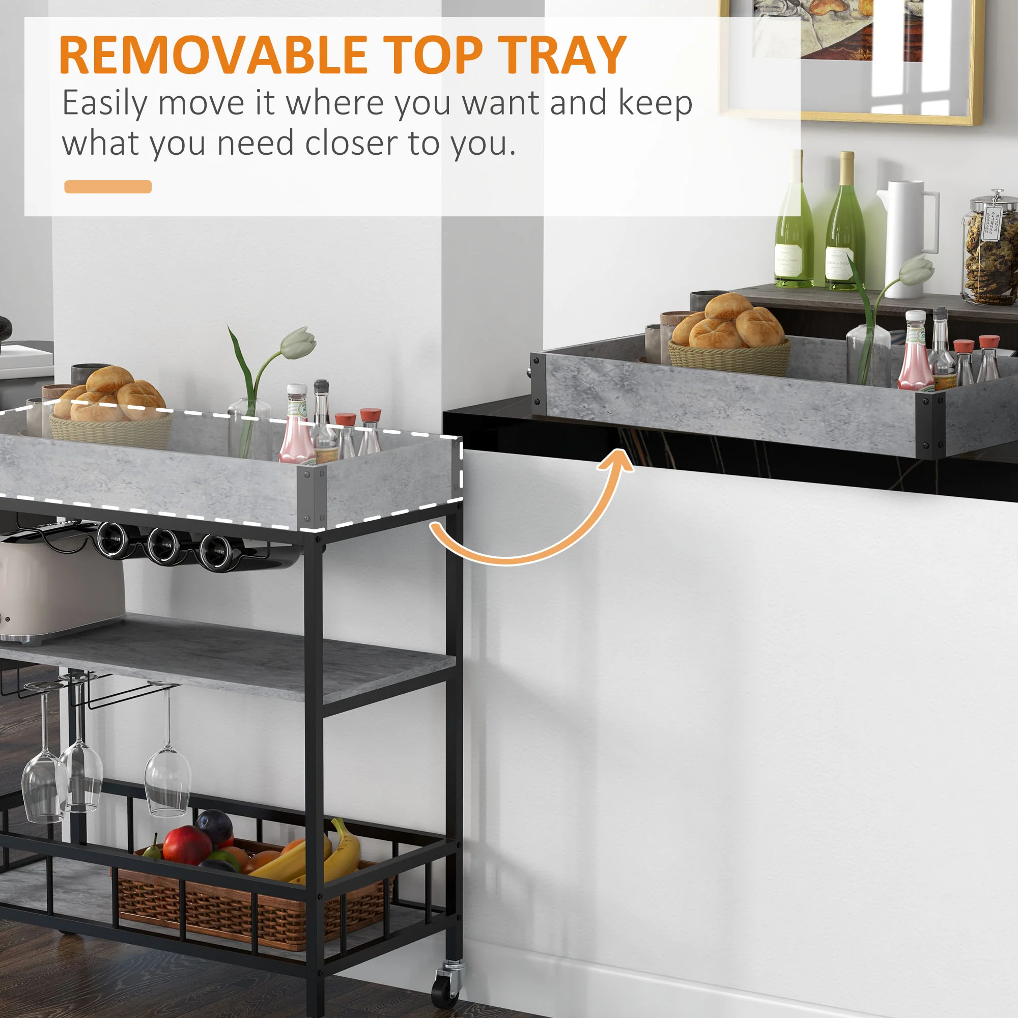HOMCOM Industrial Bar Cart, 3-Tier Kitchen Trolley on Wheels with Wine Rack - Image 4