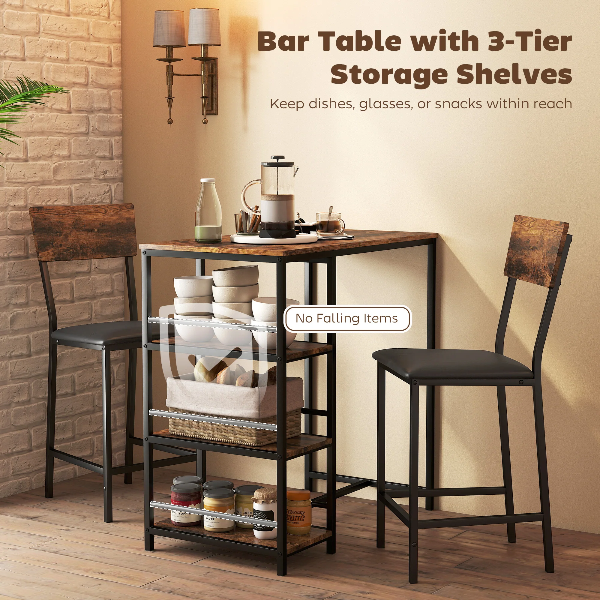 HOMCOM Industrial Bar Table Set with Storage and Padded Seats, Rustic Brown - Image 3