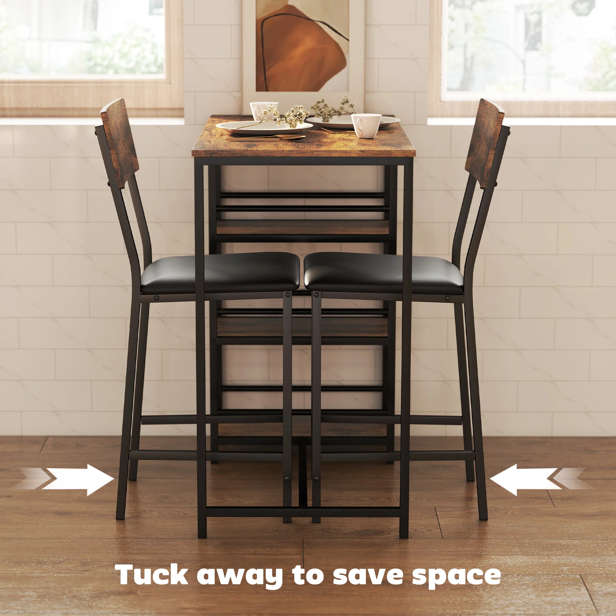 HOMCOM Industrial Bar Table Set with Storage and Padded Seats, Rustic Brown - Image 6