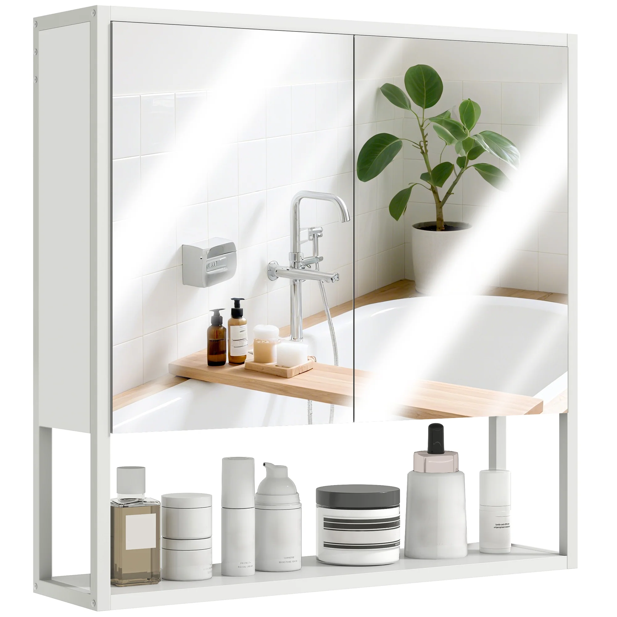 HOMCOM Industrial Bathroom Cabinet With 2 Mirrored Doors Open Shelf