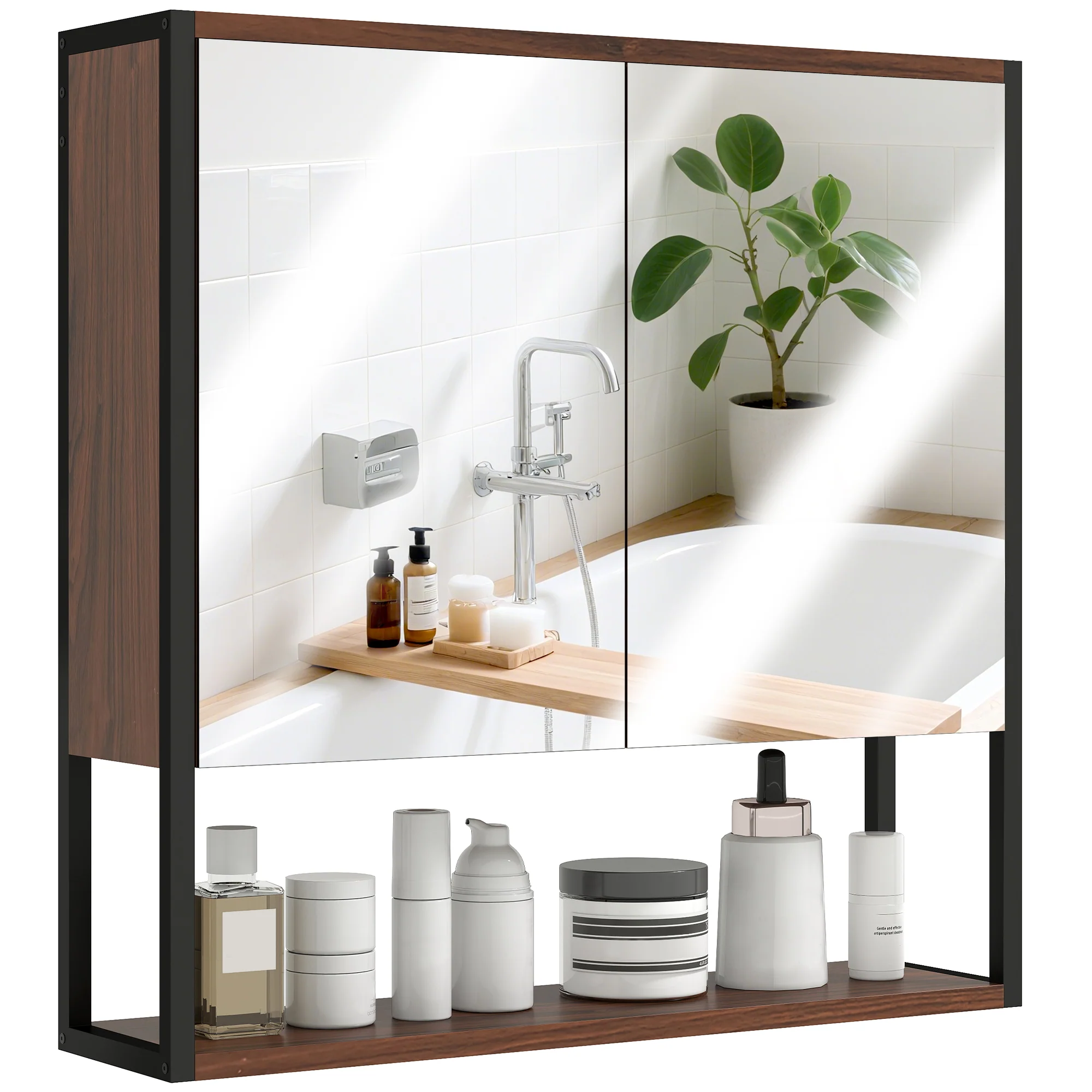 HOMCOM Industrial Bathroom Cabinet With 2 Mirrored Doors Open Shelf - Image 10