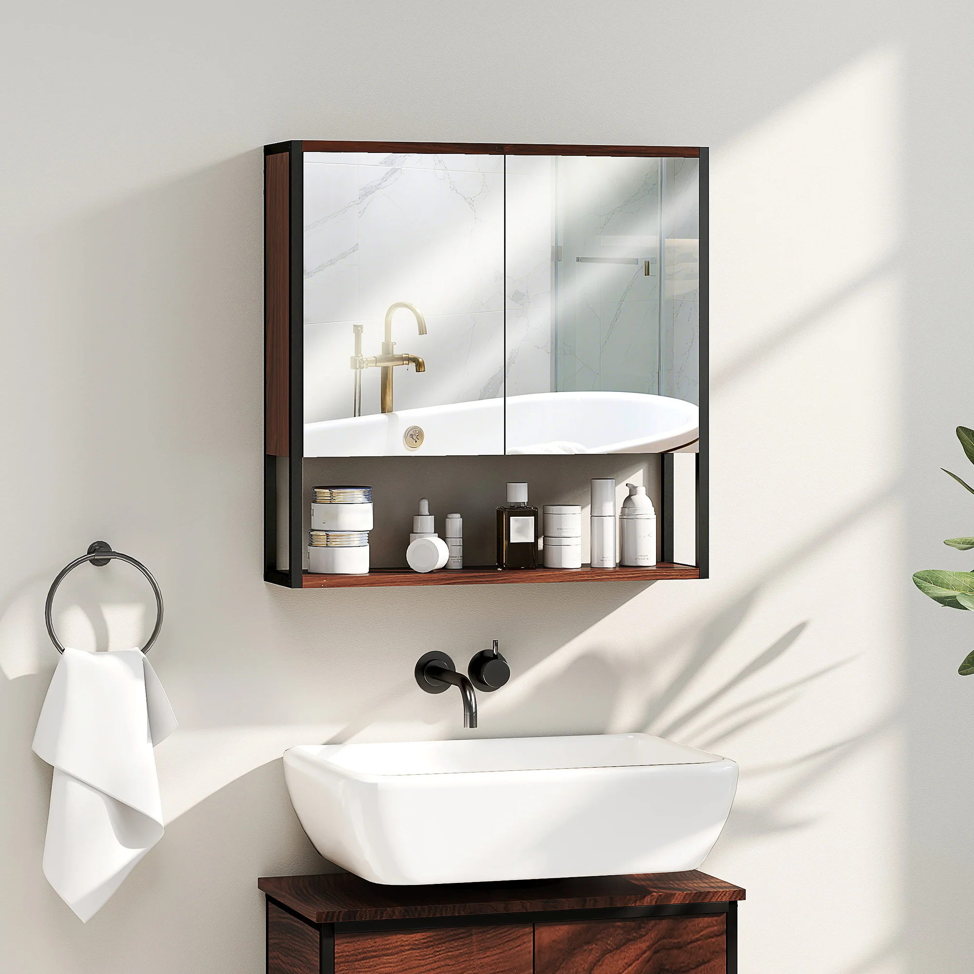 HOMCOM Industrial Bathroom Cabinet With 2 Mirrored Doors Open Shelf - Image 11