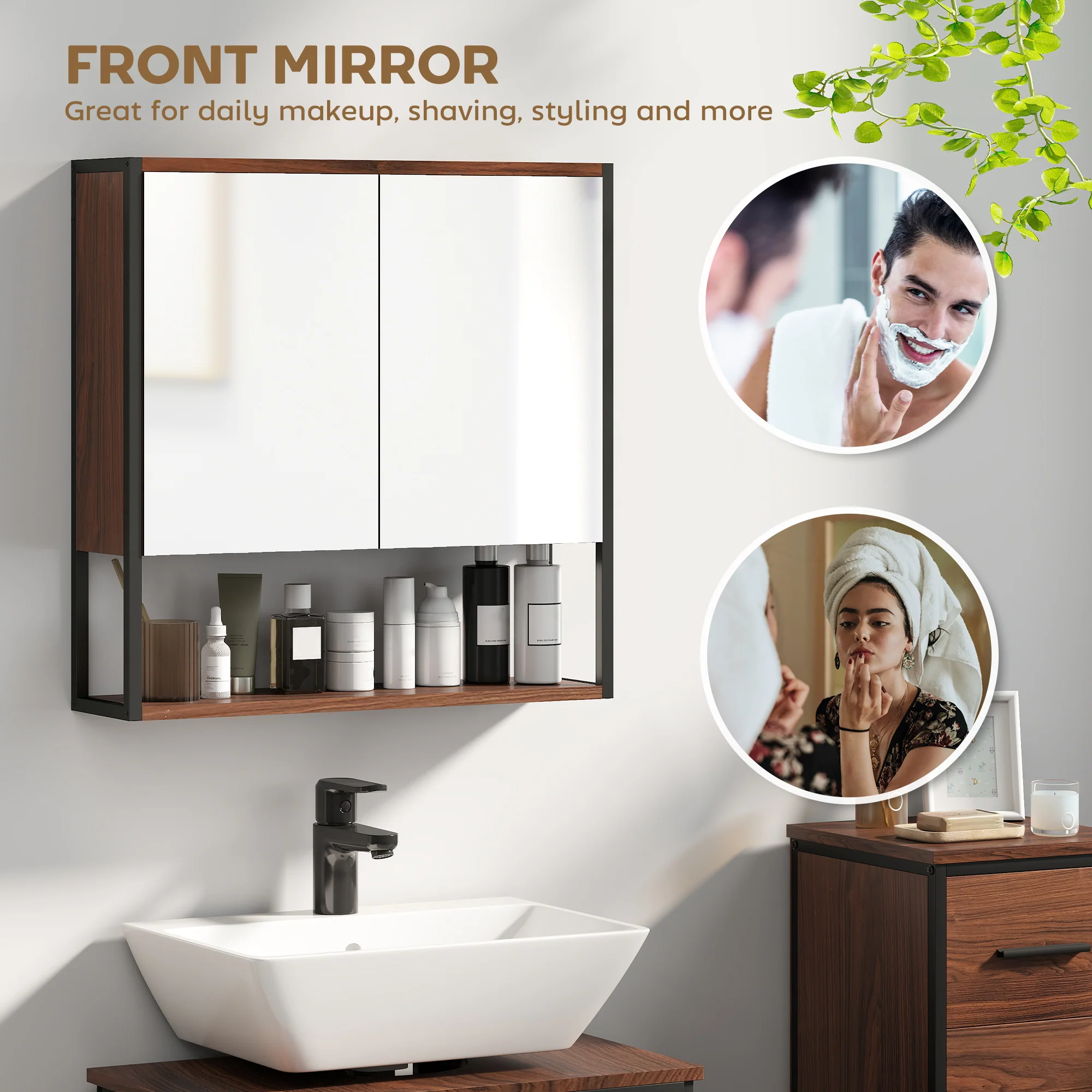 HOMCOM Industrial Bathroom Cabinet With 2 Mirrored Doors Open Shelf - Image 12