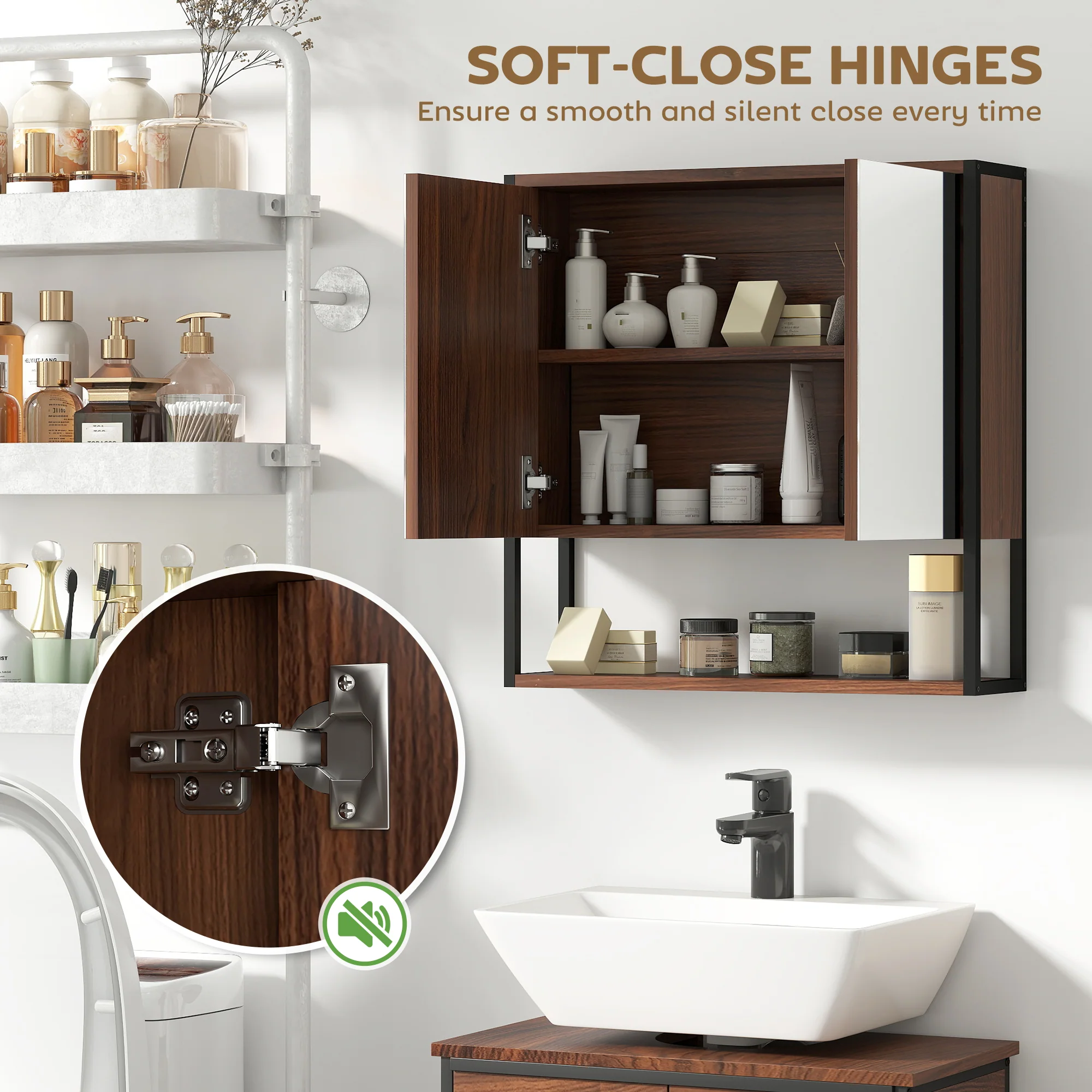 HOMCOM Industrial Bathroom Cabinet With 2 Mirrored Doors Open Shelf - Image 13