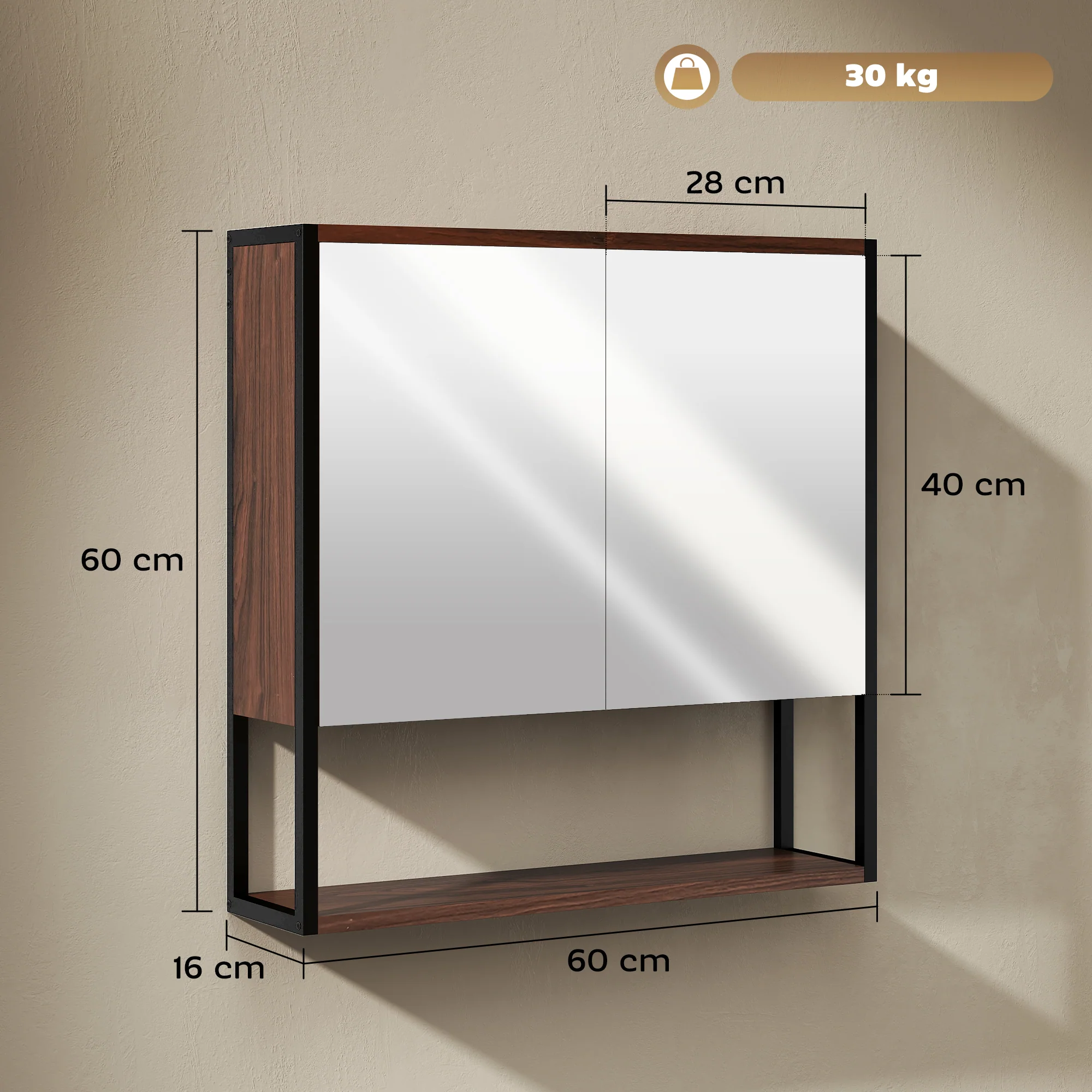 HOMCOM Industrial Bathroom Cabinet With 2 Mirrored Doors Open Shelf - Image 14