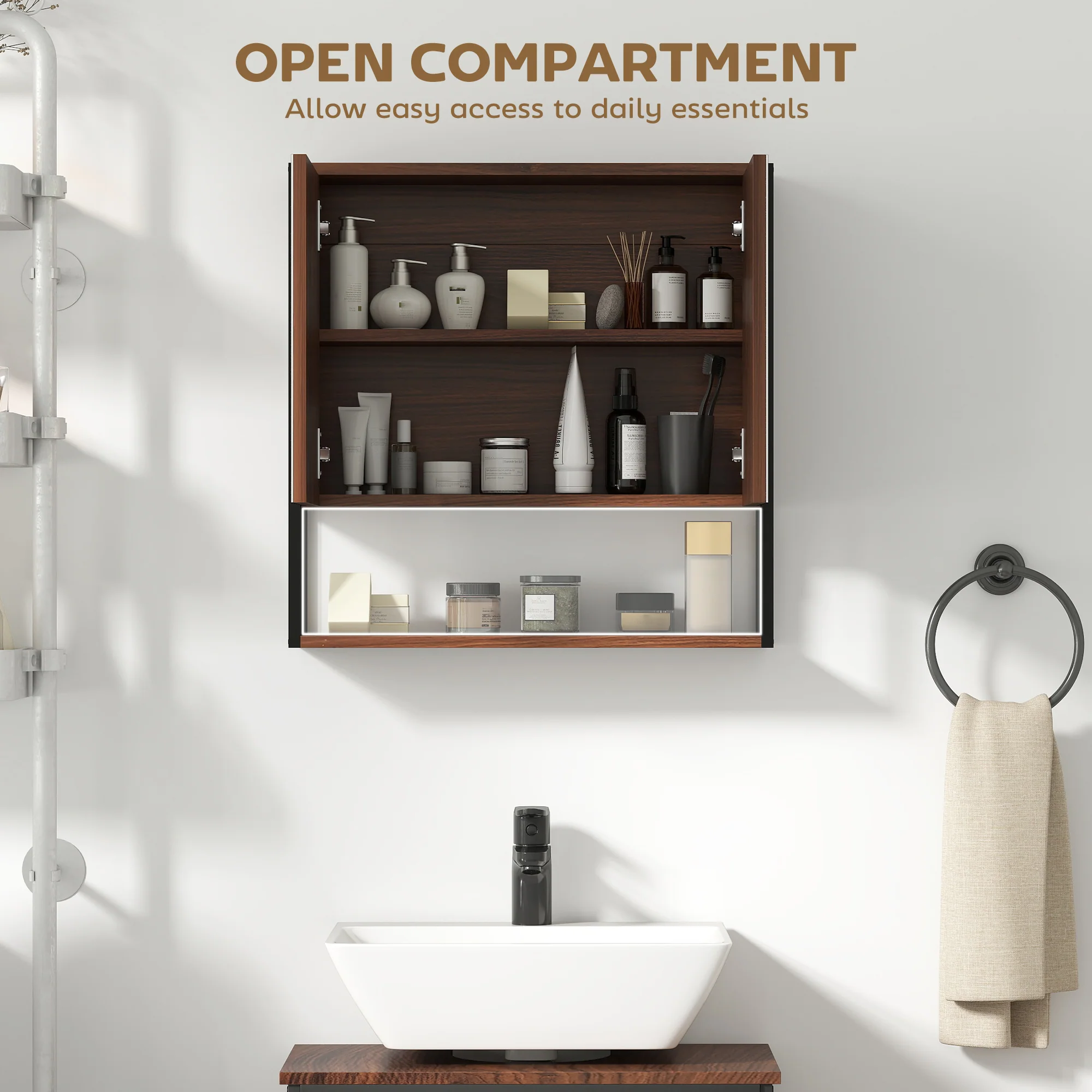 HOMCOM Industrial Bathroom Cabinet With 2 Mirrored Doors Open Shelf - Image 16