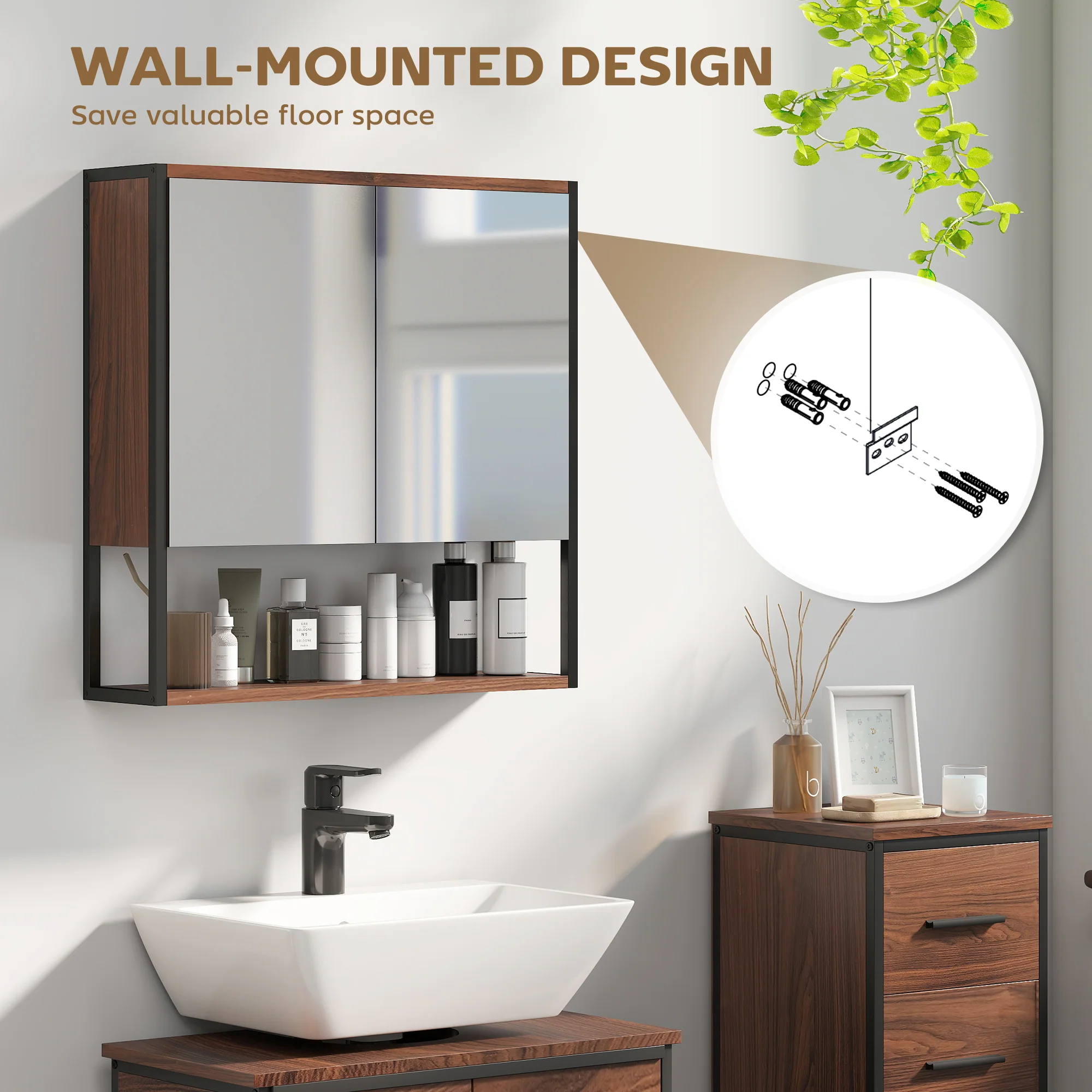 HOMCOM Industrial Bathroom Cabinet With 2 Mirrored Doors Open Shelf - Image 17