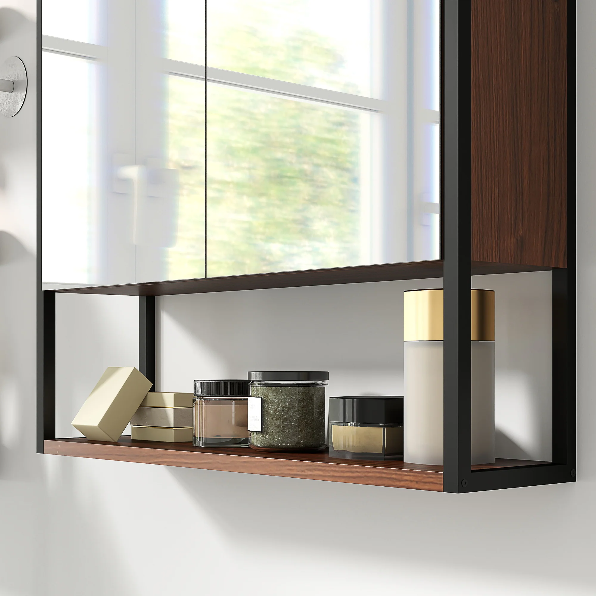 HOMCOM Industrial Bathroom Cabinet With 2 Mirrored Doors Open Shelf - Image 18