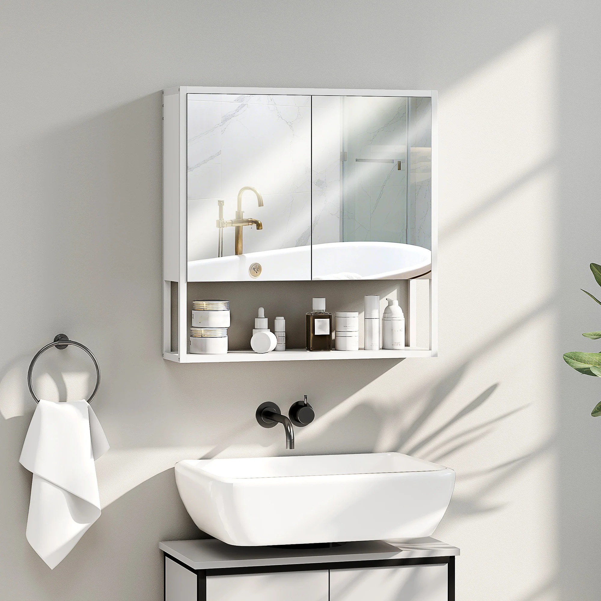 HOMCOM Industrial Bathroom Cabinet With 2 Mirrored Doors Open Shelf - Image 2