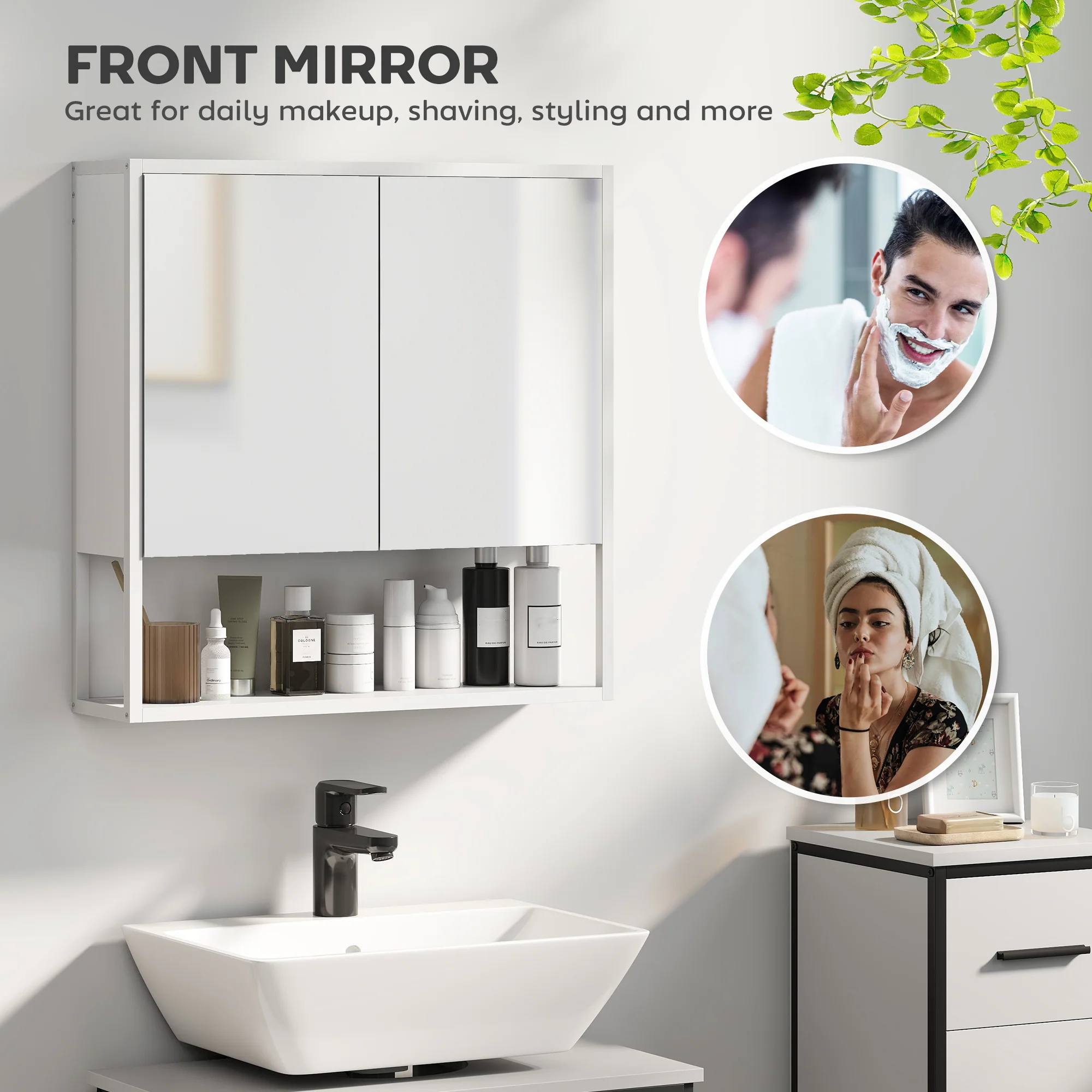 HOMCOM Industrial Bathroom Cabinet With 2 Mirrored Doors Open Shelf - Image 3